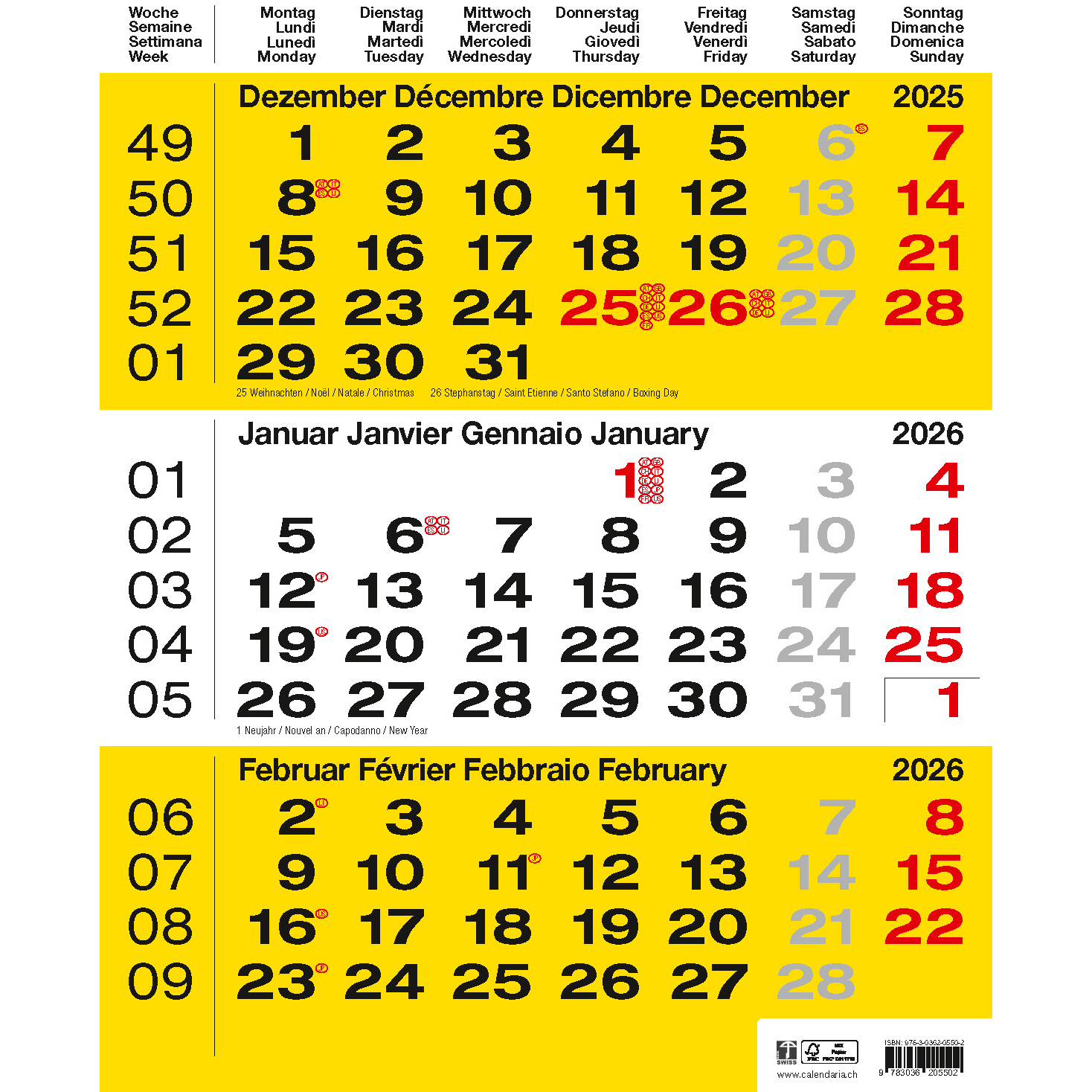 photo CALENDARIA Calendrier murale 3 mois 2026 9783036205502 gelb 31x40cm
