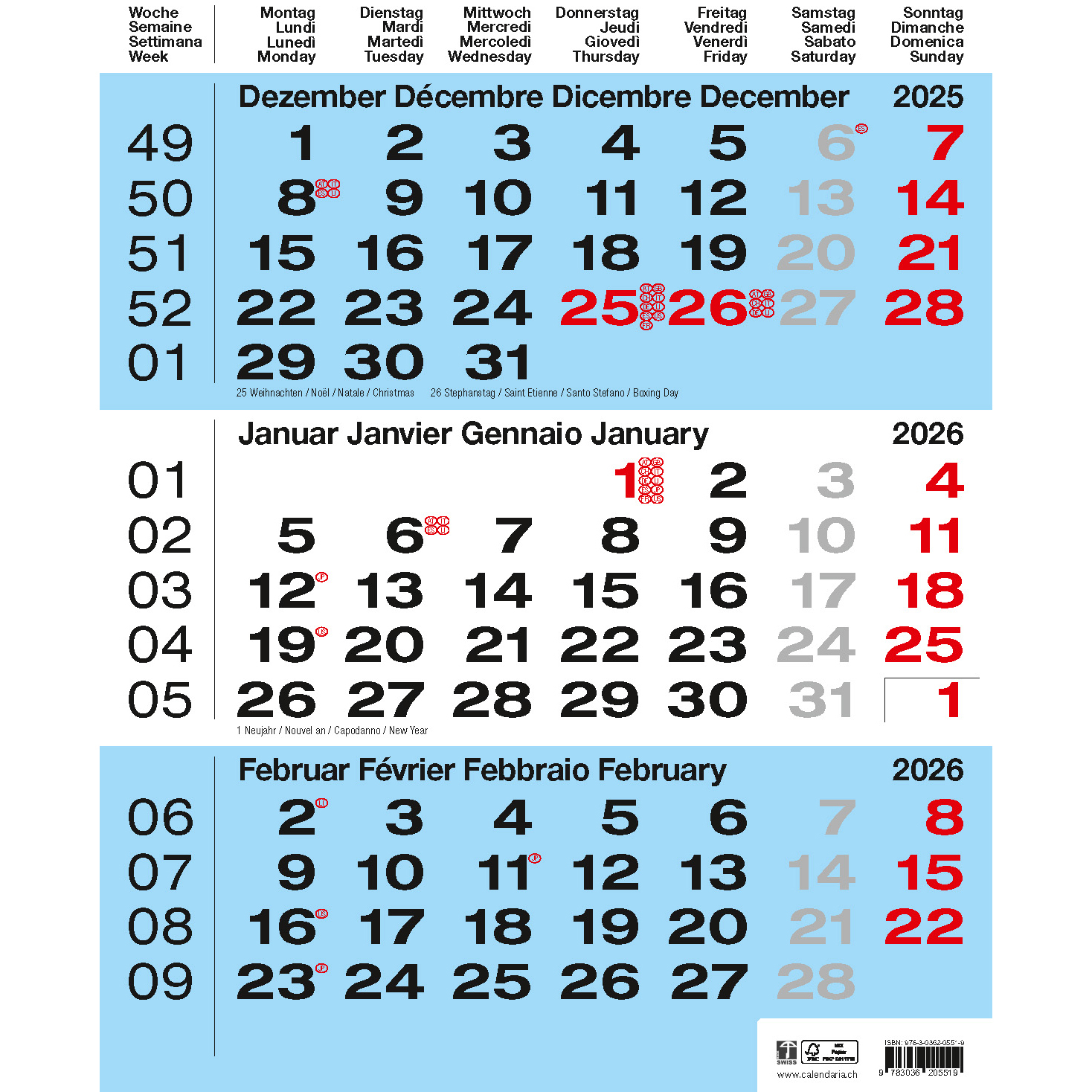 photo CALENDARIA Calendrier murale 3 mois 2026 9783036205519 blau 31x40cm