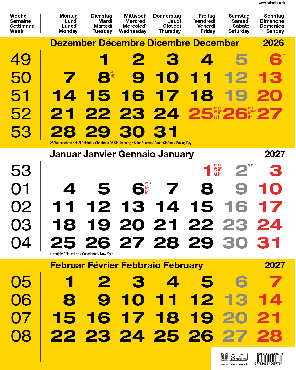 photo CALENDARIA Calendrier murale 3 mois 2027 9783036205779 jaune 31x40cm