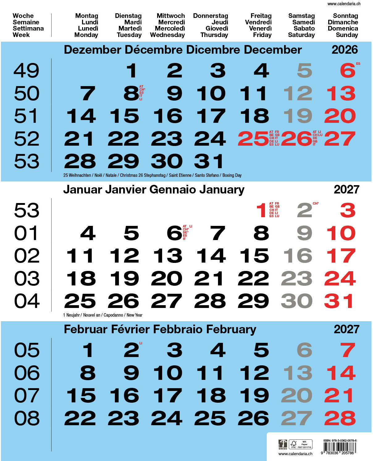 photo CALENDARIA Calendrier murale 3 mois 2027 9783036205786 bleu 31x40cm