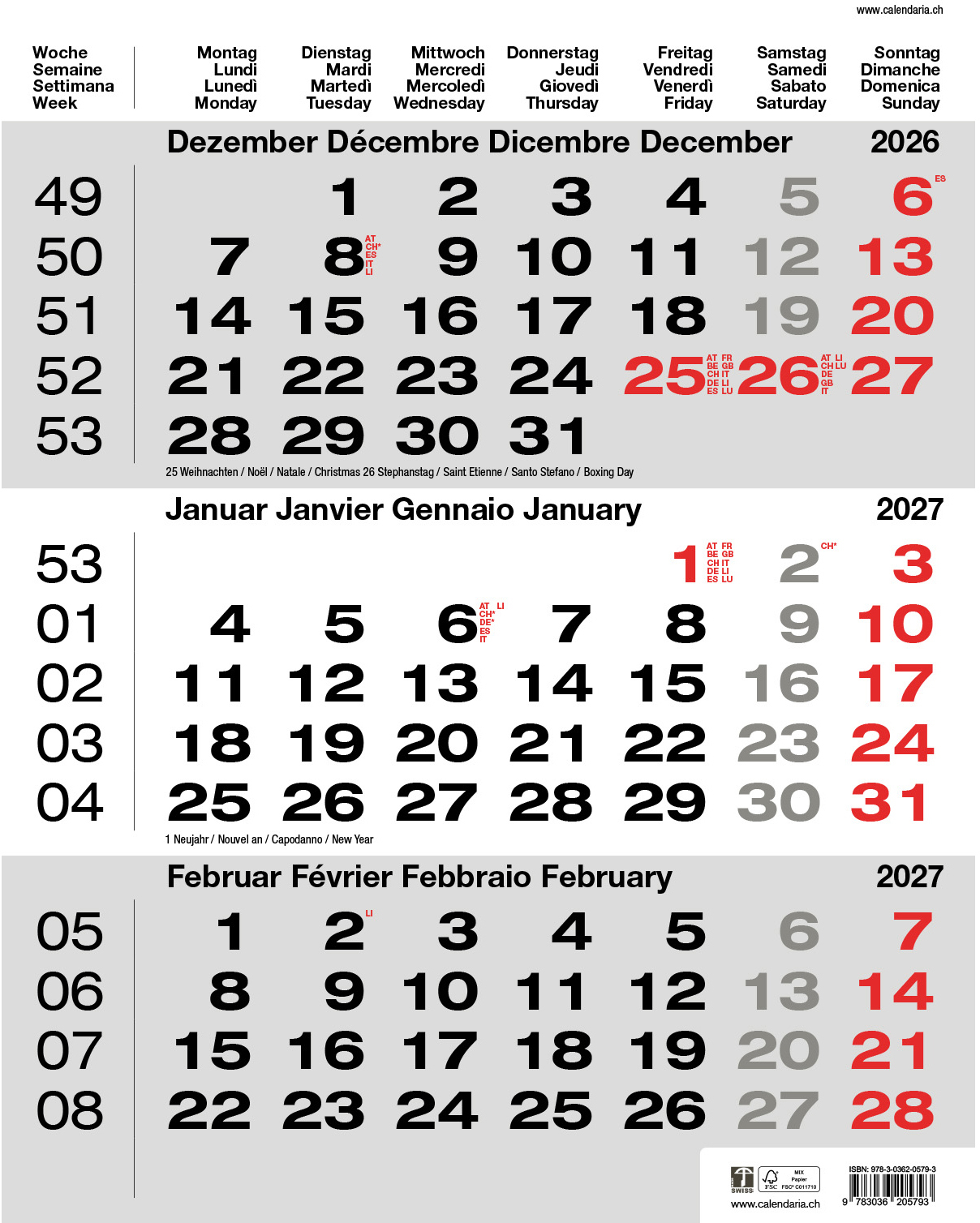 photo CALENDARIA Calendrier murale 3 mois 2027 9783036205793 gris 31x40cm