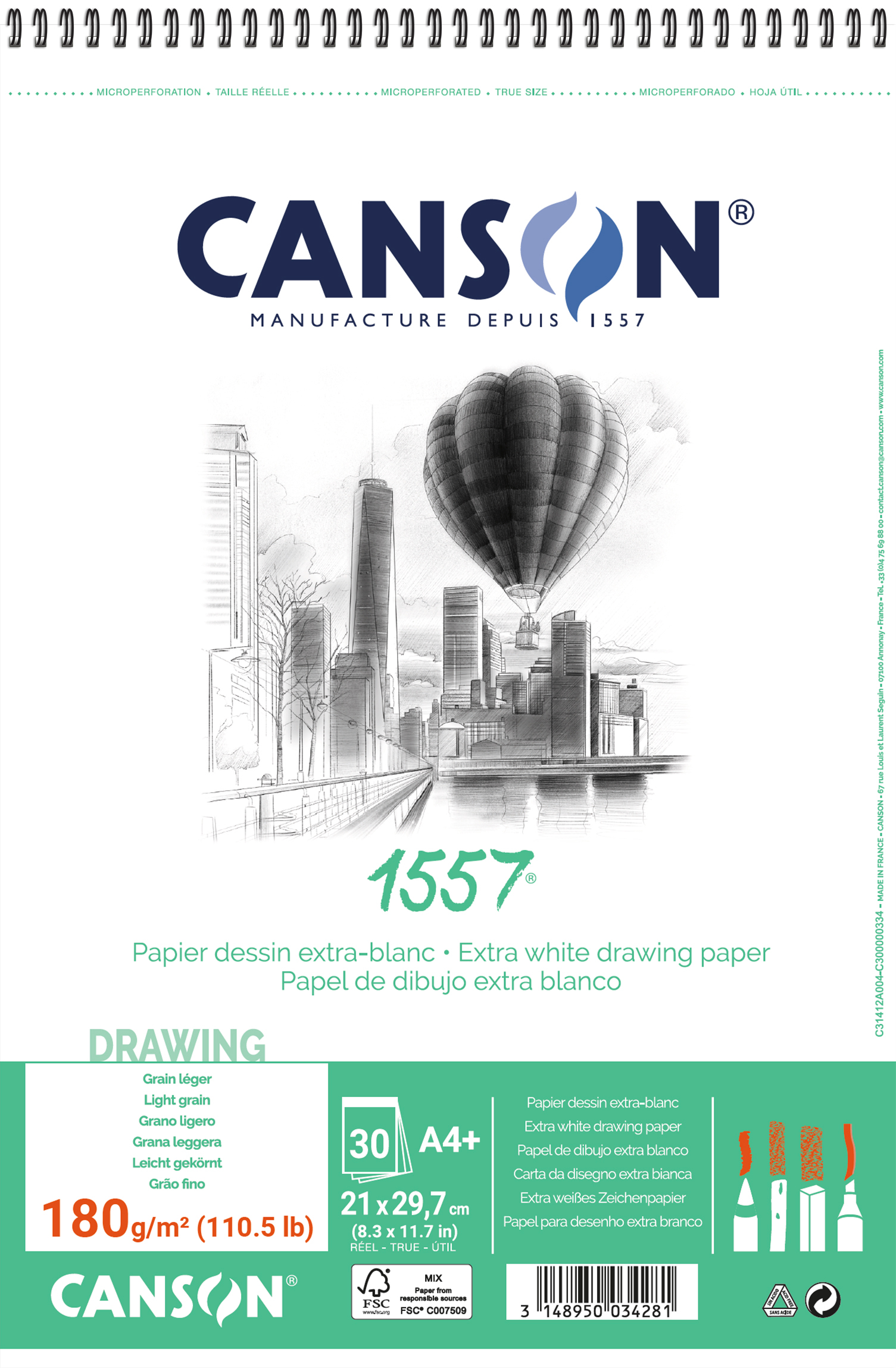 CANSON Papier à croquis A4 31412A004 180g, blanc 30 feuil 180g, blanc 30 feuil