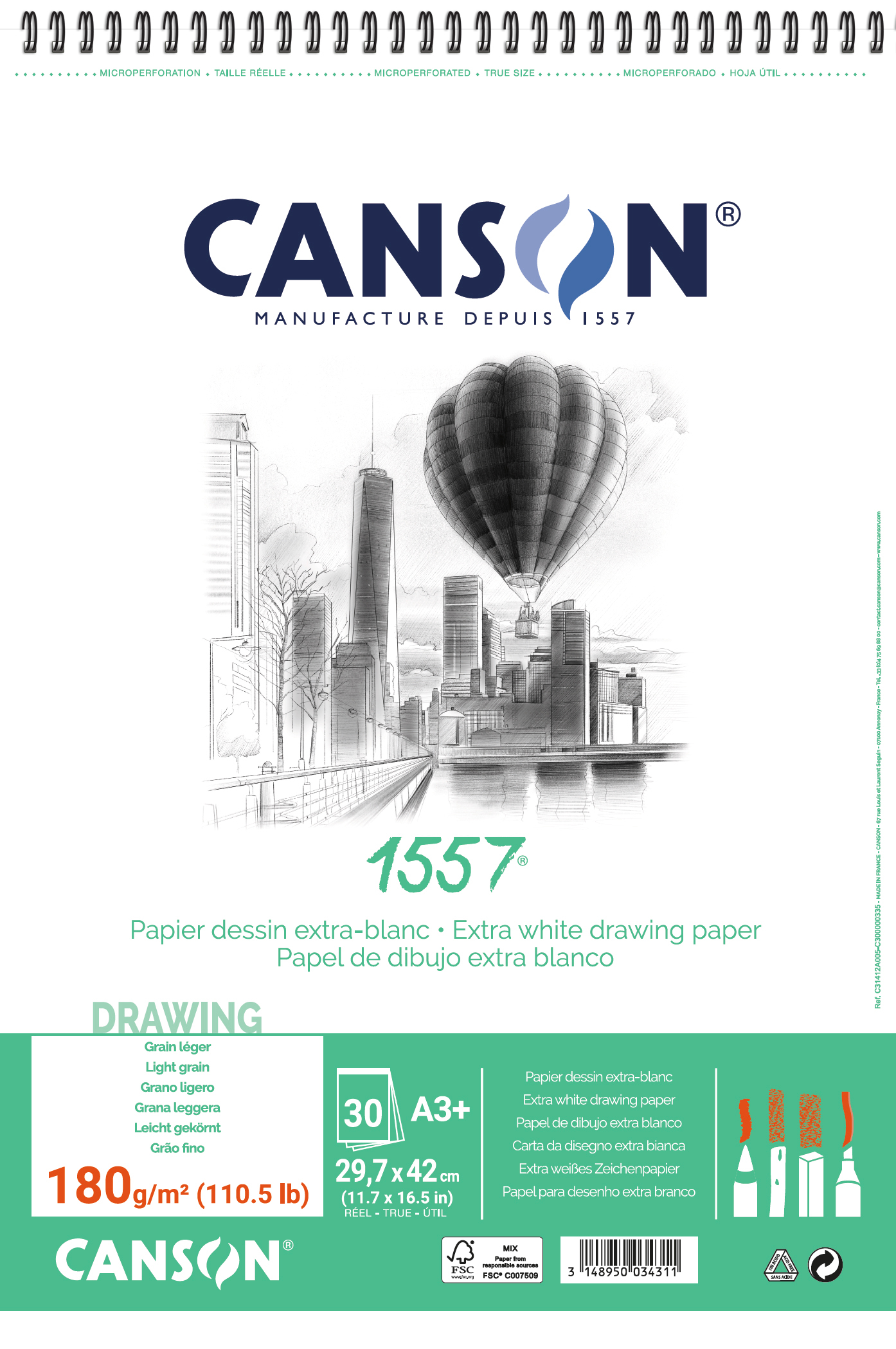 CANSON Papier à croquis A3 31412A005 180g, blanc 30 feuilles