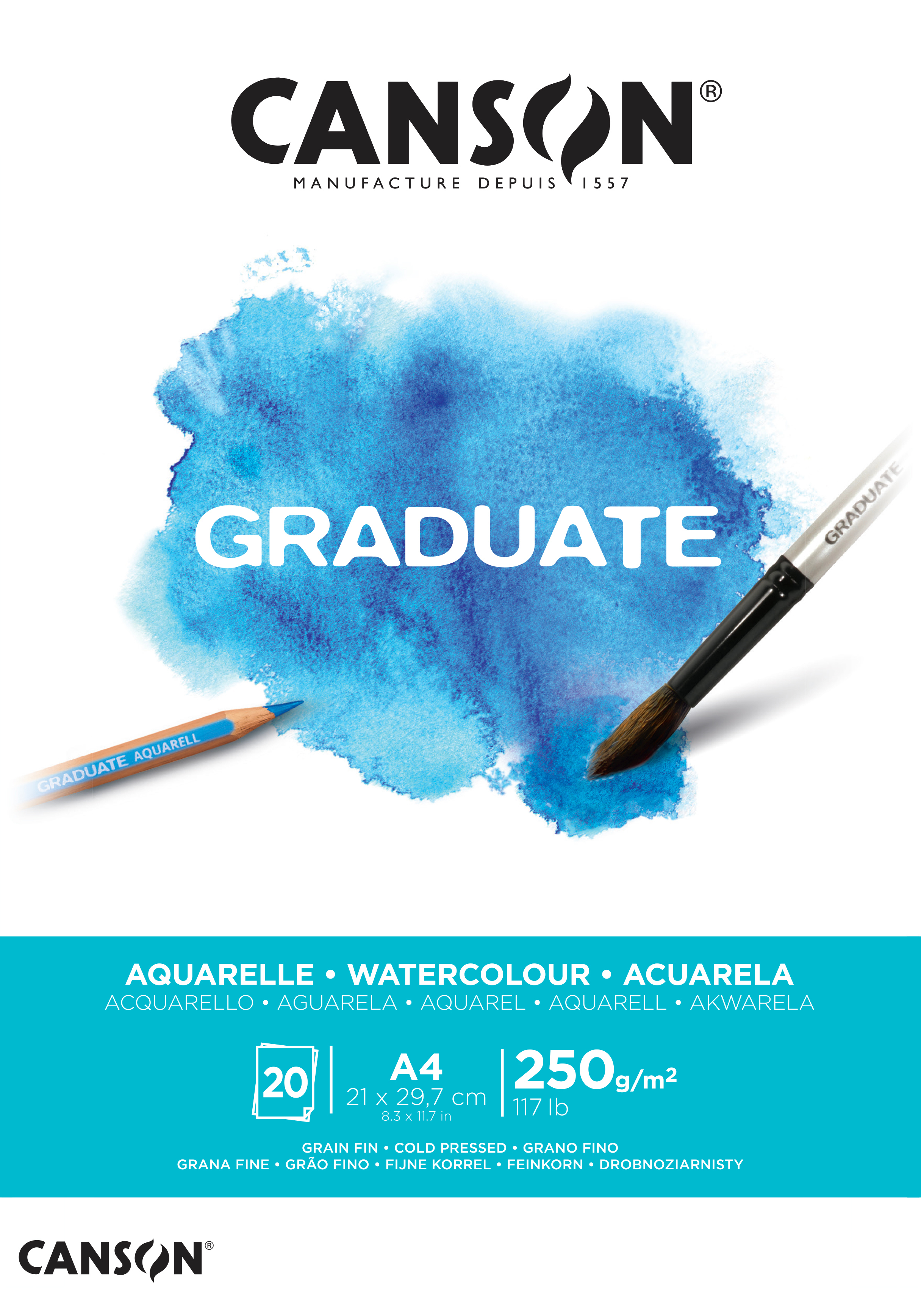 CANSON Graduate Aquarelle A4 400110374 20 flles, blanc, 250g