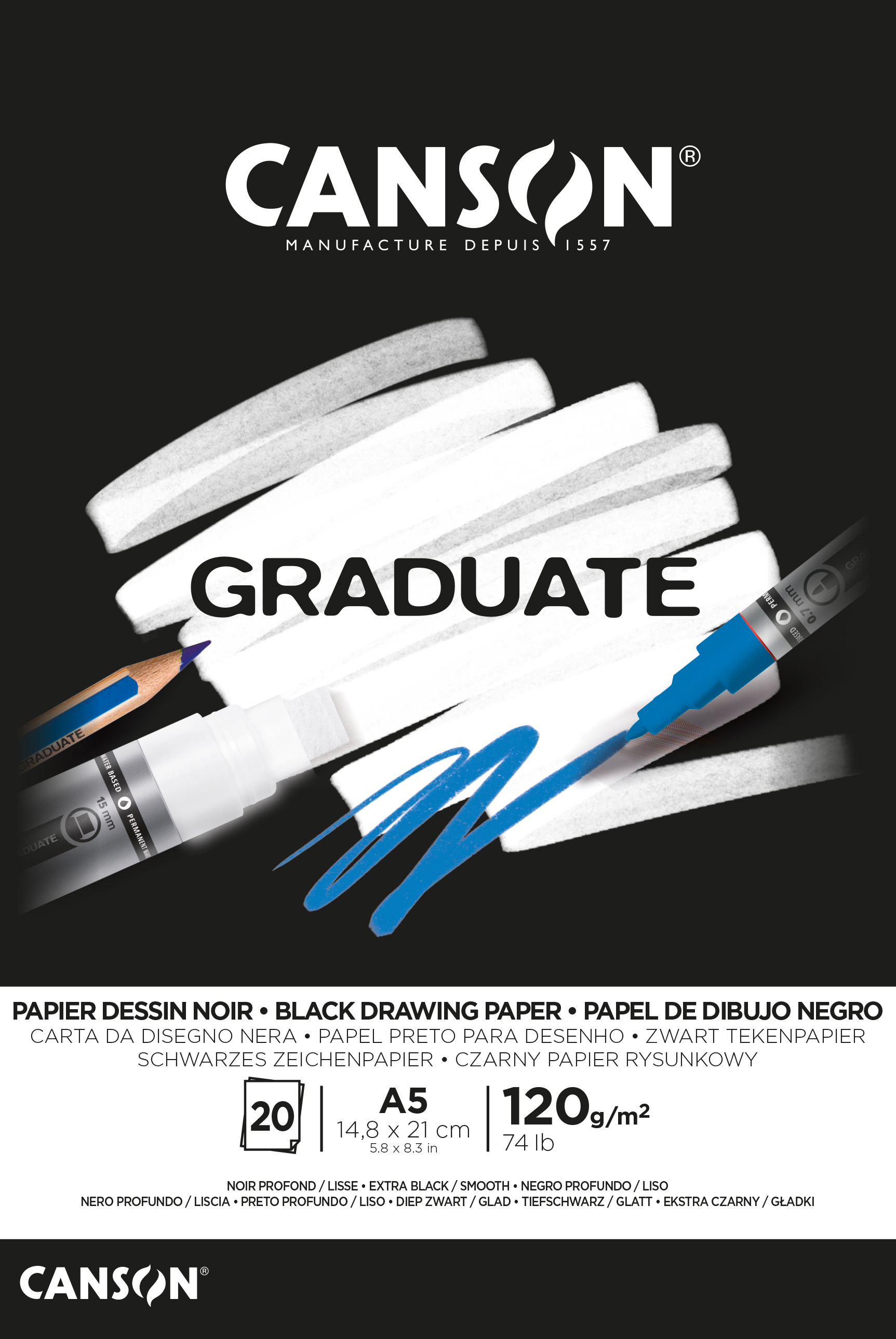 CANSON Graduate papier à dessin A5 400110385 20 flles, noire, 120g