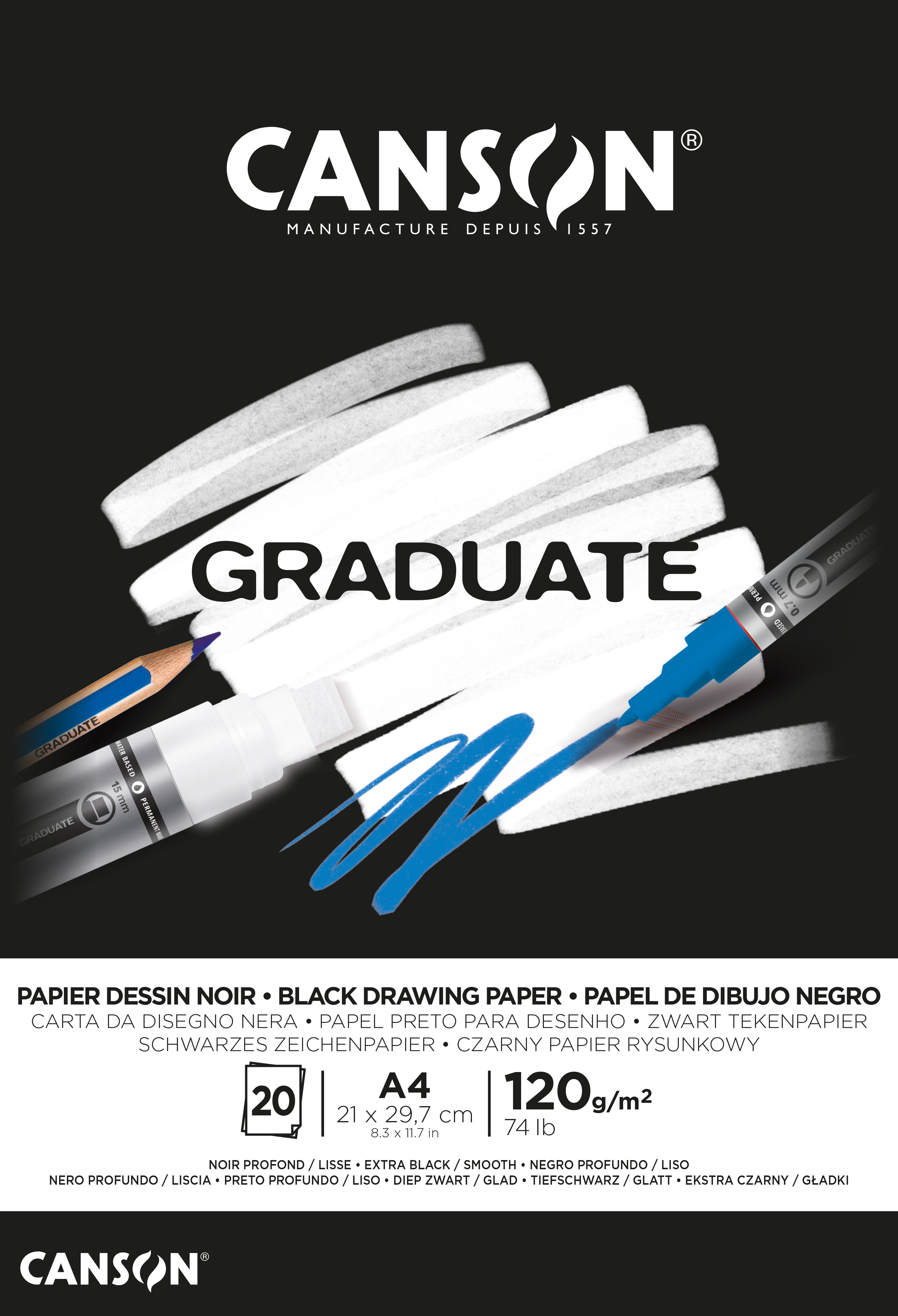 CANSON Graduate papier à dessin A4 400110386 20 flles, noire, 120g