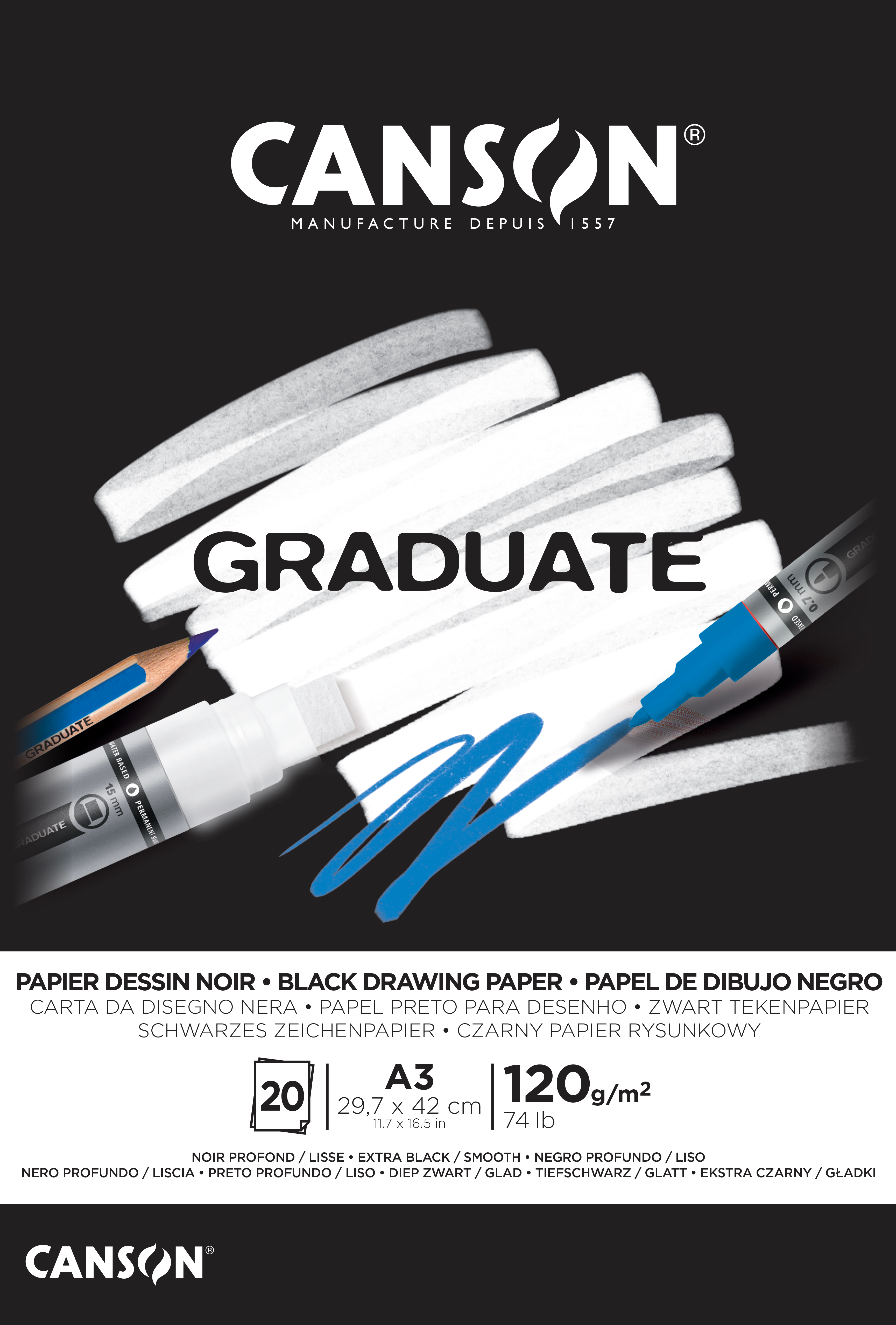 CANSON Graduate papier à dessin A3 400110387 20 flles, noire, 120g