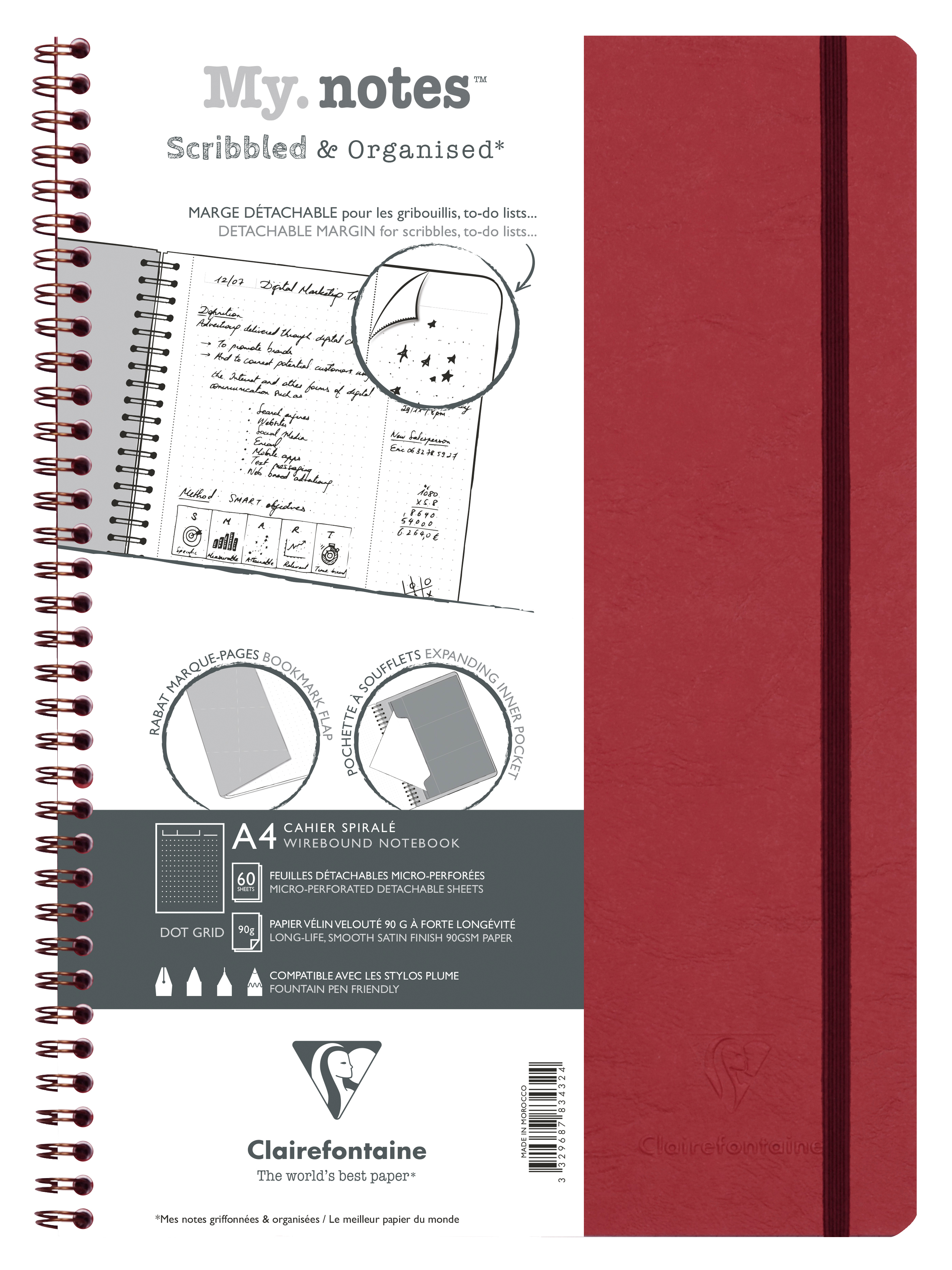 CLAIREFONTAINE AGE BAG MY.NOTES A4 783432C Carnet spirales dot rouge 60 f