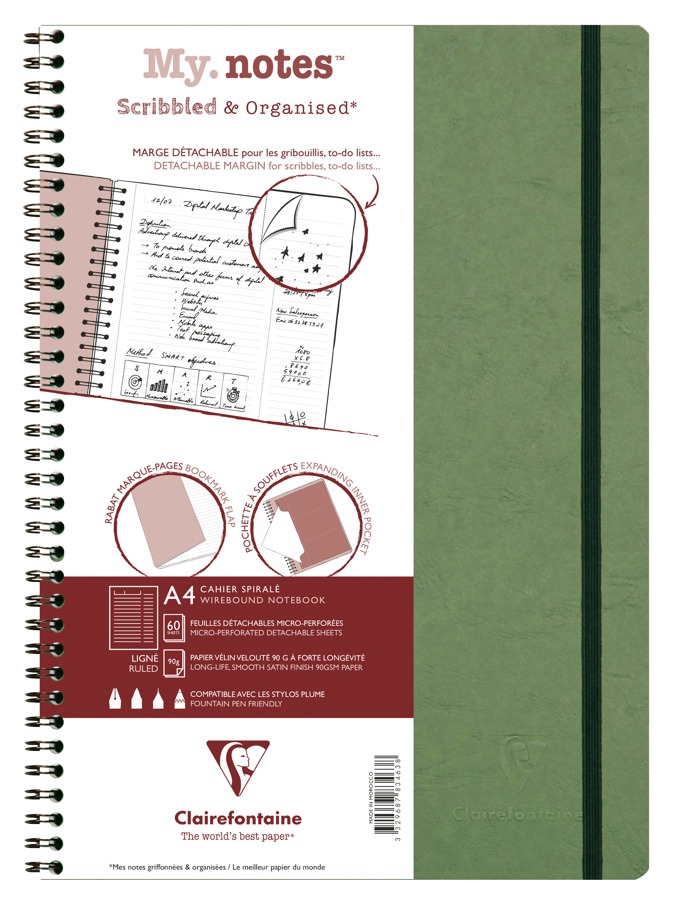 CLAIREFONTAINE AGE BAG MY.NOTES A4 783463C Carnet spirales ligné vert 60f