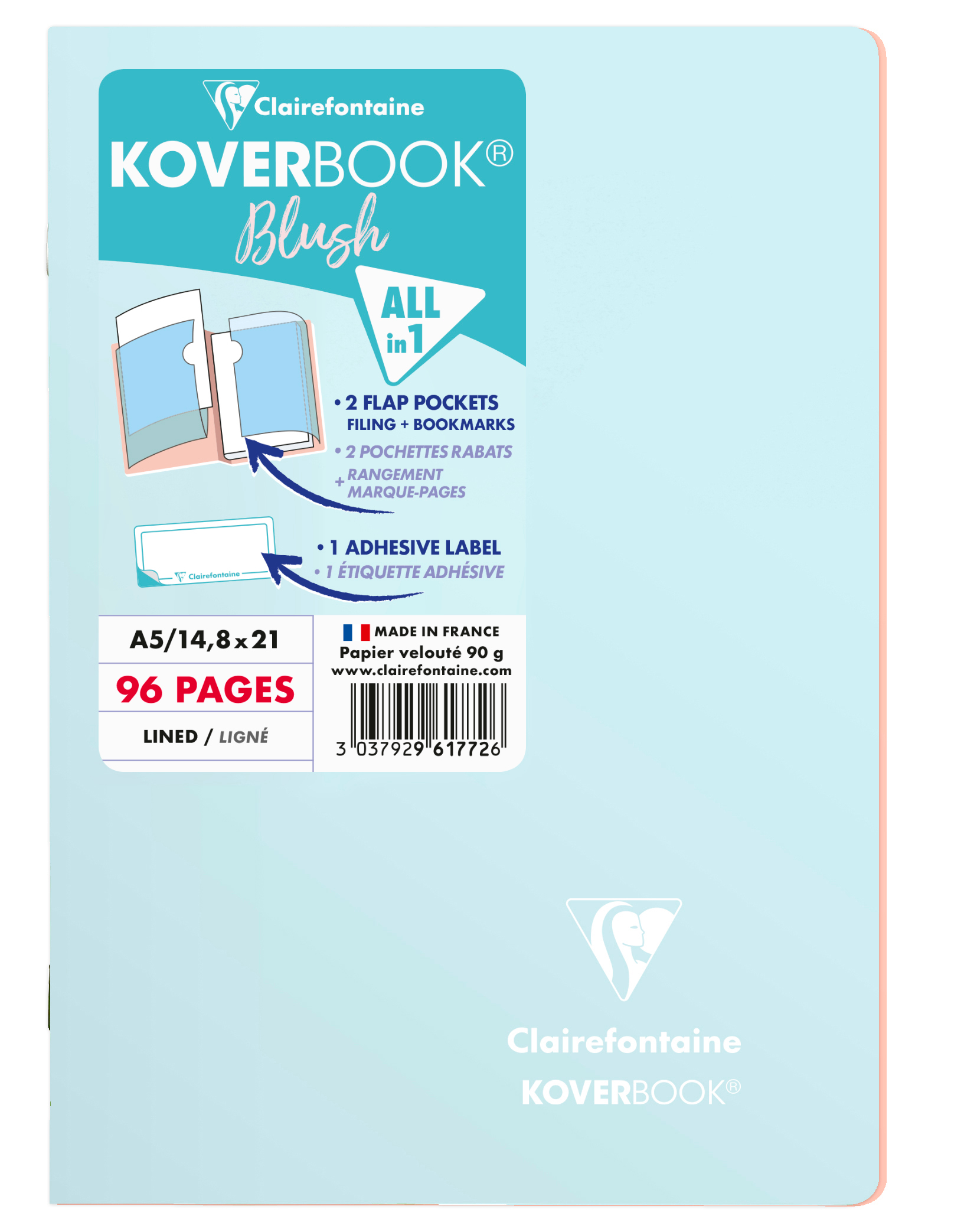 CLAIREFONTAINE Koverbook cahier sc. Blush A5 961772C 90g, ligné bleu / corail