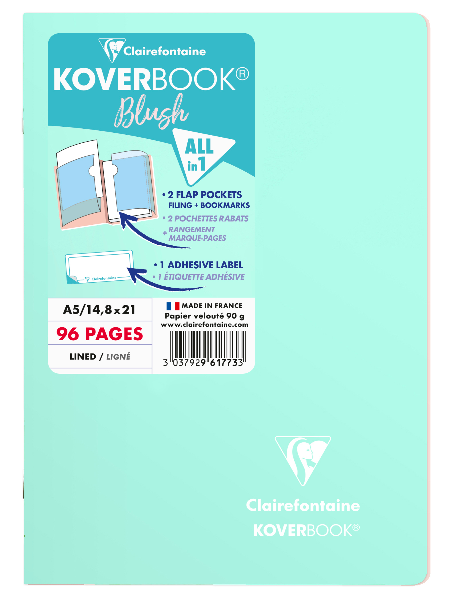 CLAIREFONTAINE Koverbook Schulheft Blush A5 961773C 90g, liniert lindgrün / lila
