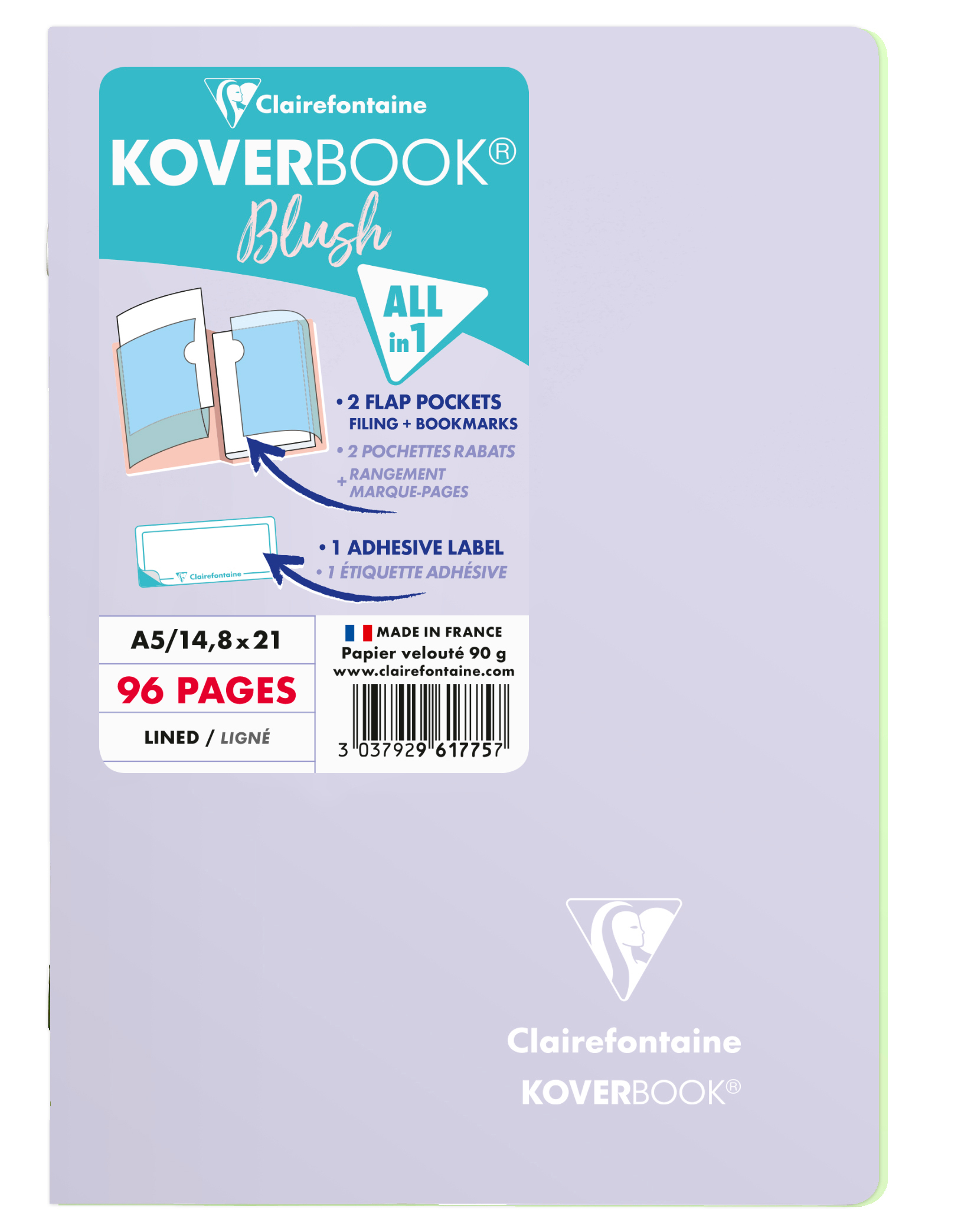 CLAIREFONTAINE Koverbook cahier sc. Blush A5 961775C 90g, ligné lila / vert claire 90g, ligné lila /