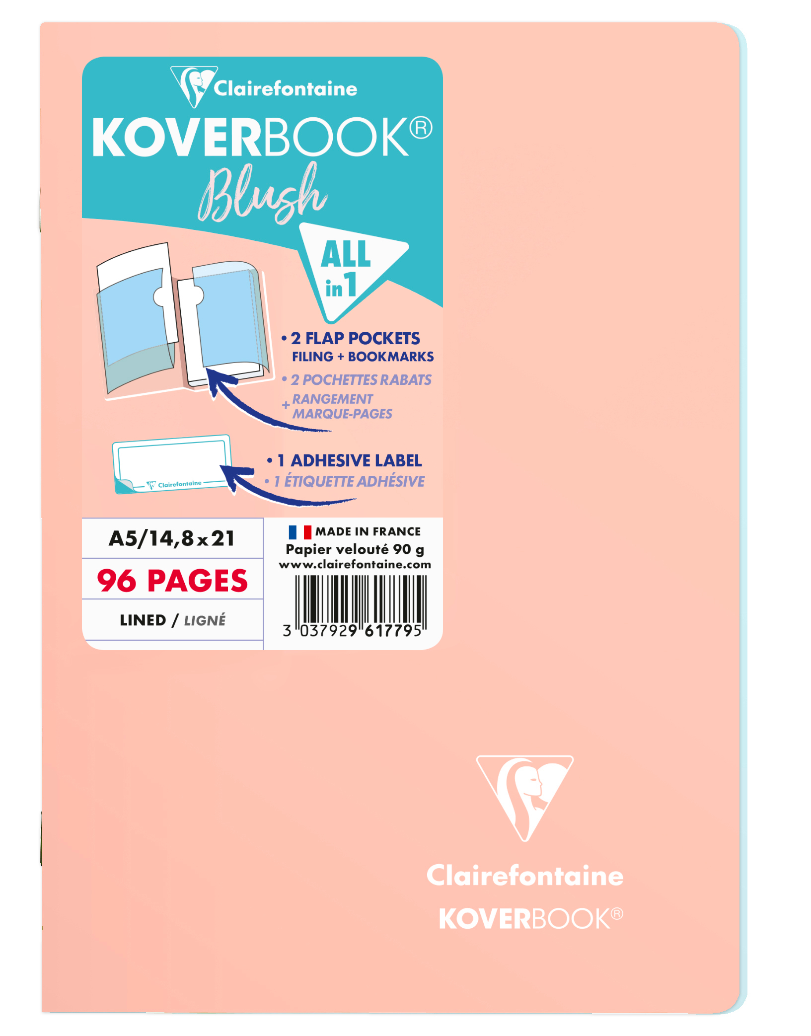 CLAIREFONTAINE Koverbook Schulheft Blush A5 961779C 90g, liniert koralle / eisblau