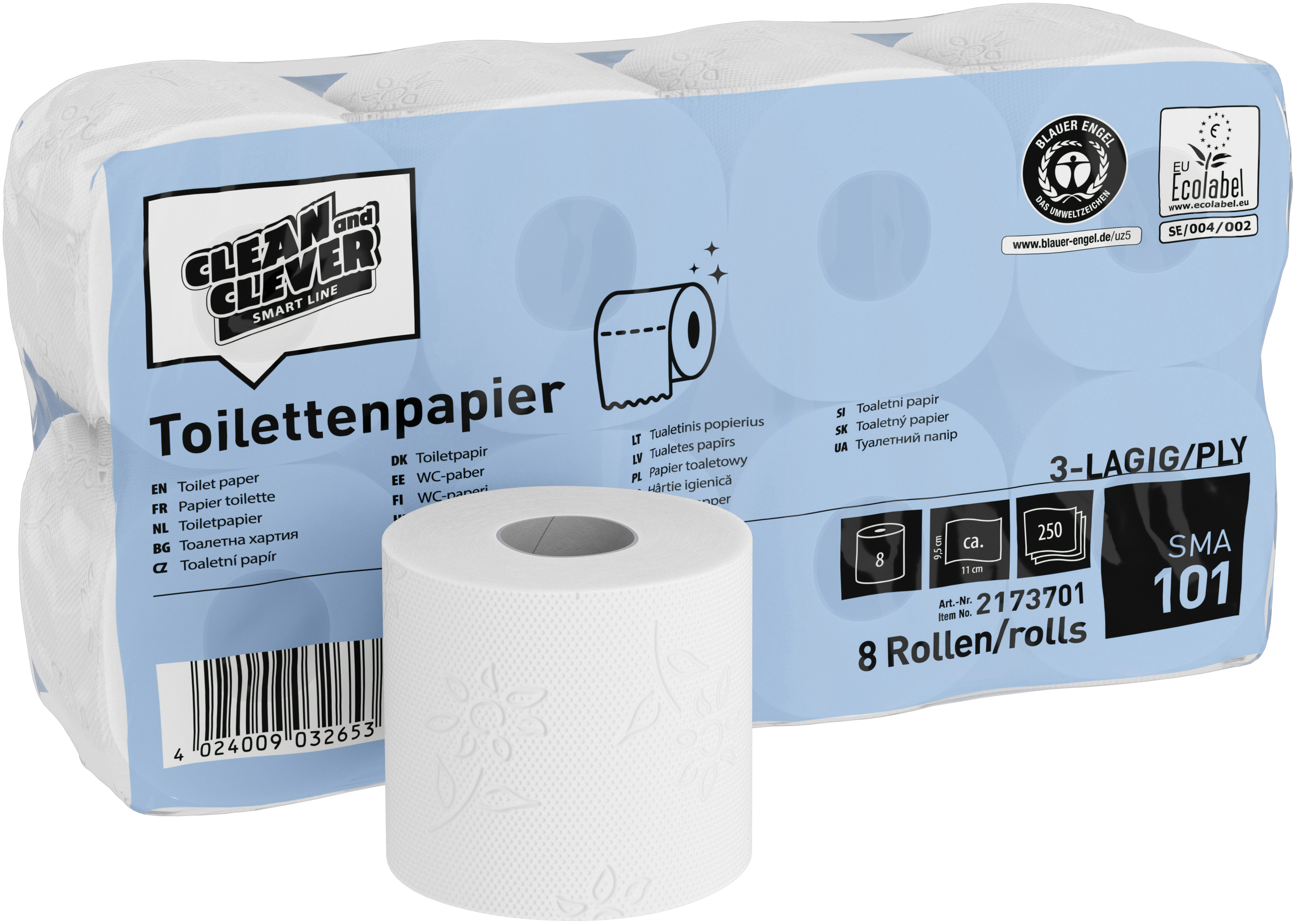 photo CLEAN AND CLEVER Papier-toilette 3x 9.4x11cm P32660 blanc recyc. 64 rl.,250 flls.