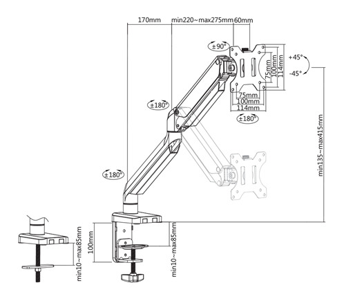 DELTACO GasSpring Single arm 17-32in ARM-0350 1,5-8kg, 75x75-100x100