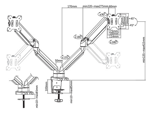 DELTACO GasSpring Dual arm 17-32in ARM-0351 1,5-8kg, 75x75-100x100