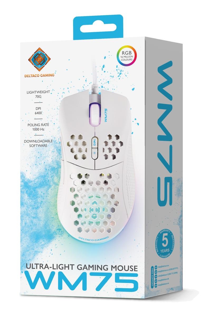 DELTACO Lightweight Gaming Mouse,RGB GAM-108-W White, WM75