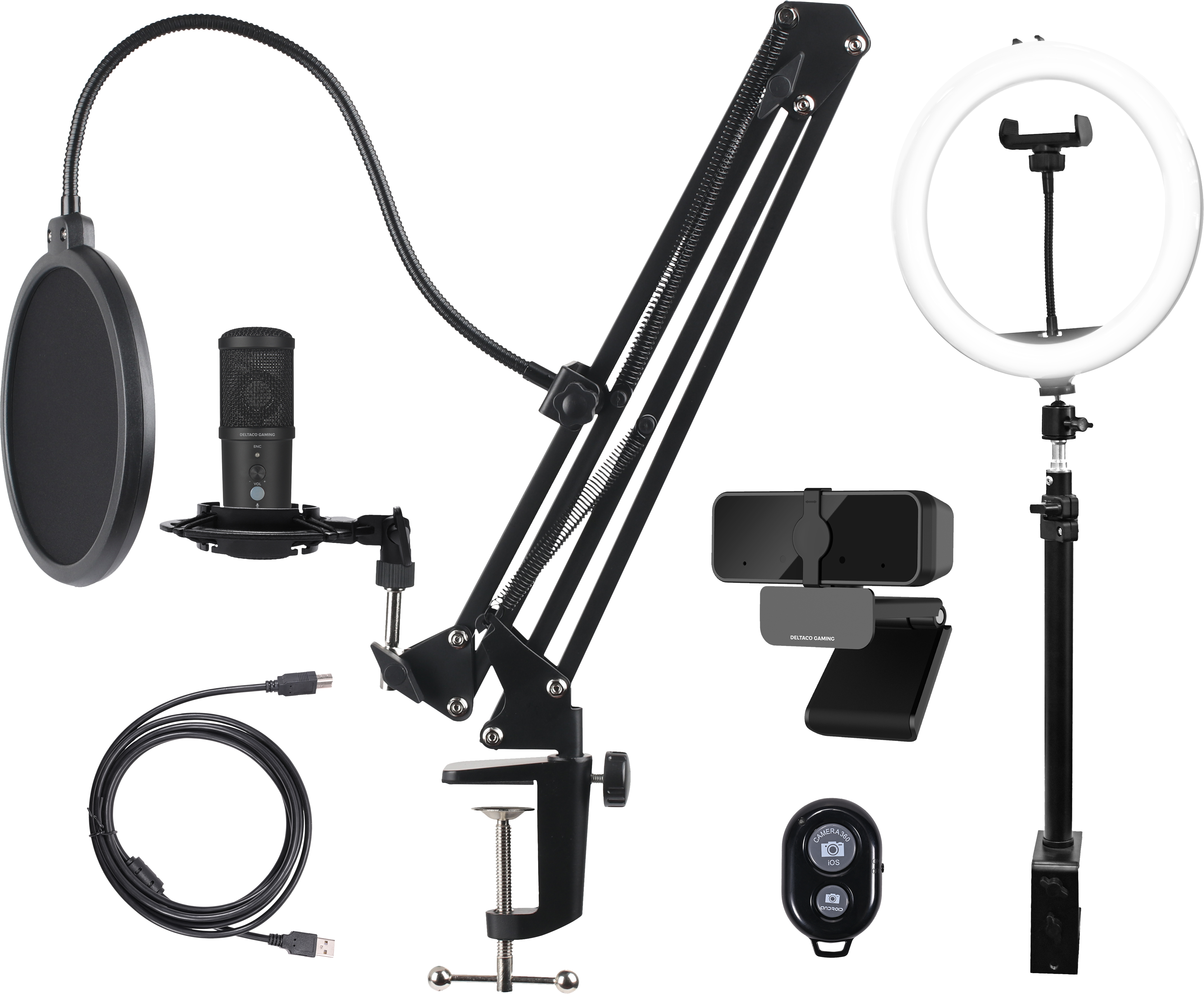 DELTACO Streaming Kit GAM-170 Webcam,Ring Light,Microphone