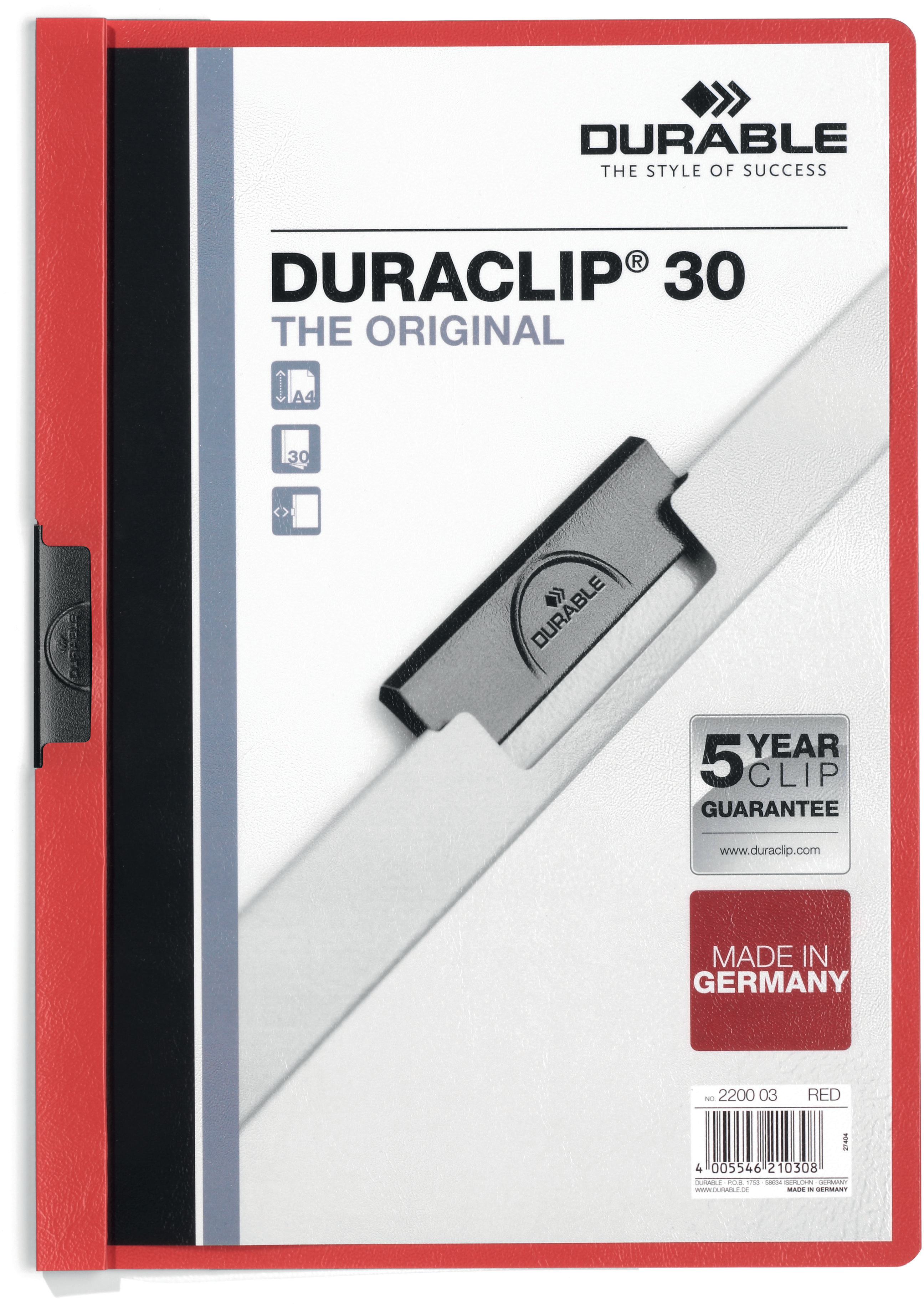 DURABLE Classeur à pince DURACLIP 30 220003 pour 30 feuilles A4 rouge