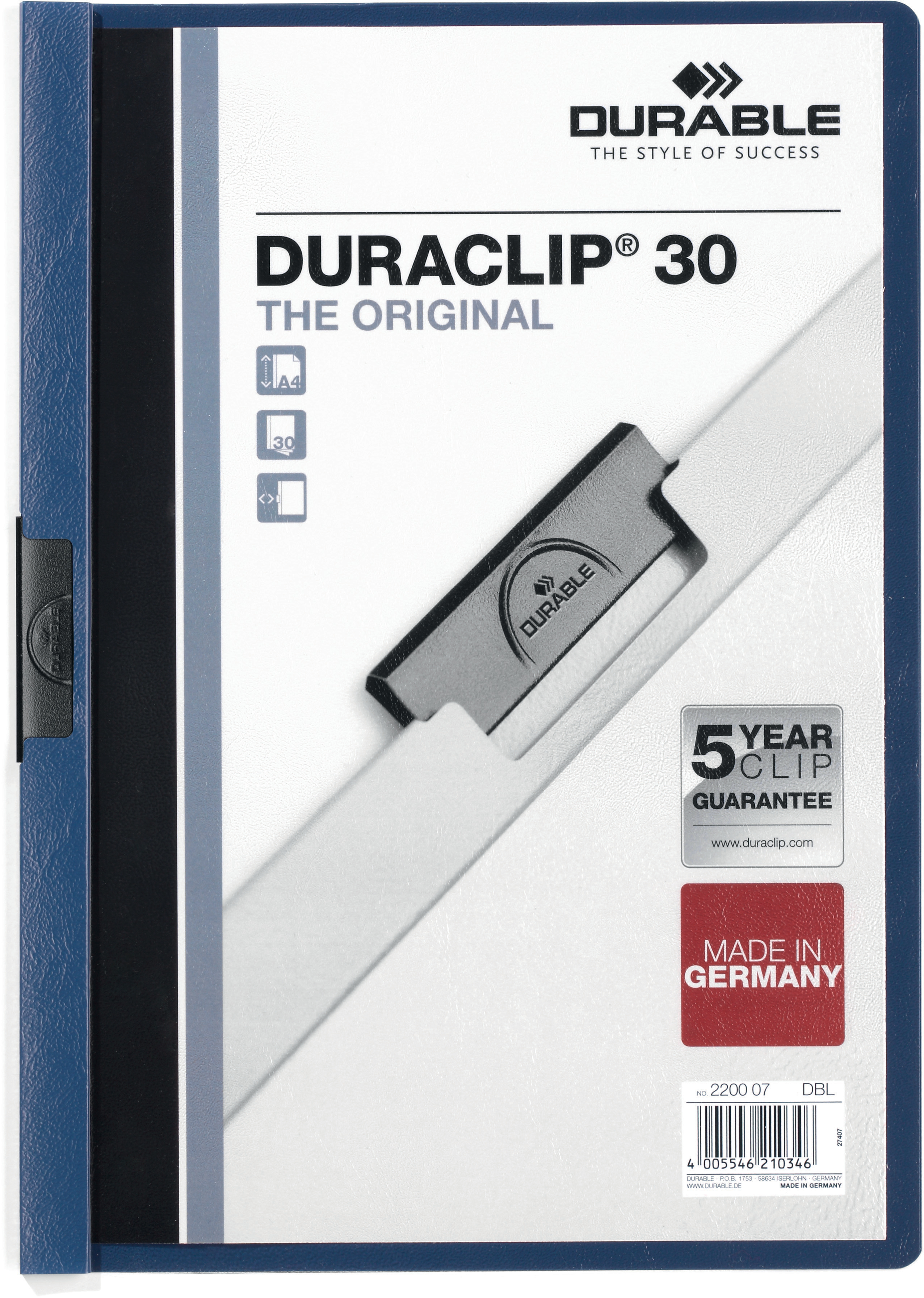 DURABLE Classeur à pince DURACLIP 30 220007 pour 30 feuilles A4 bleu foncé