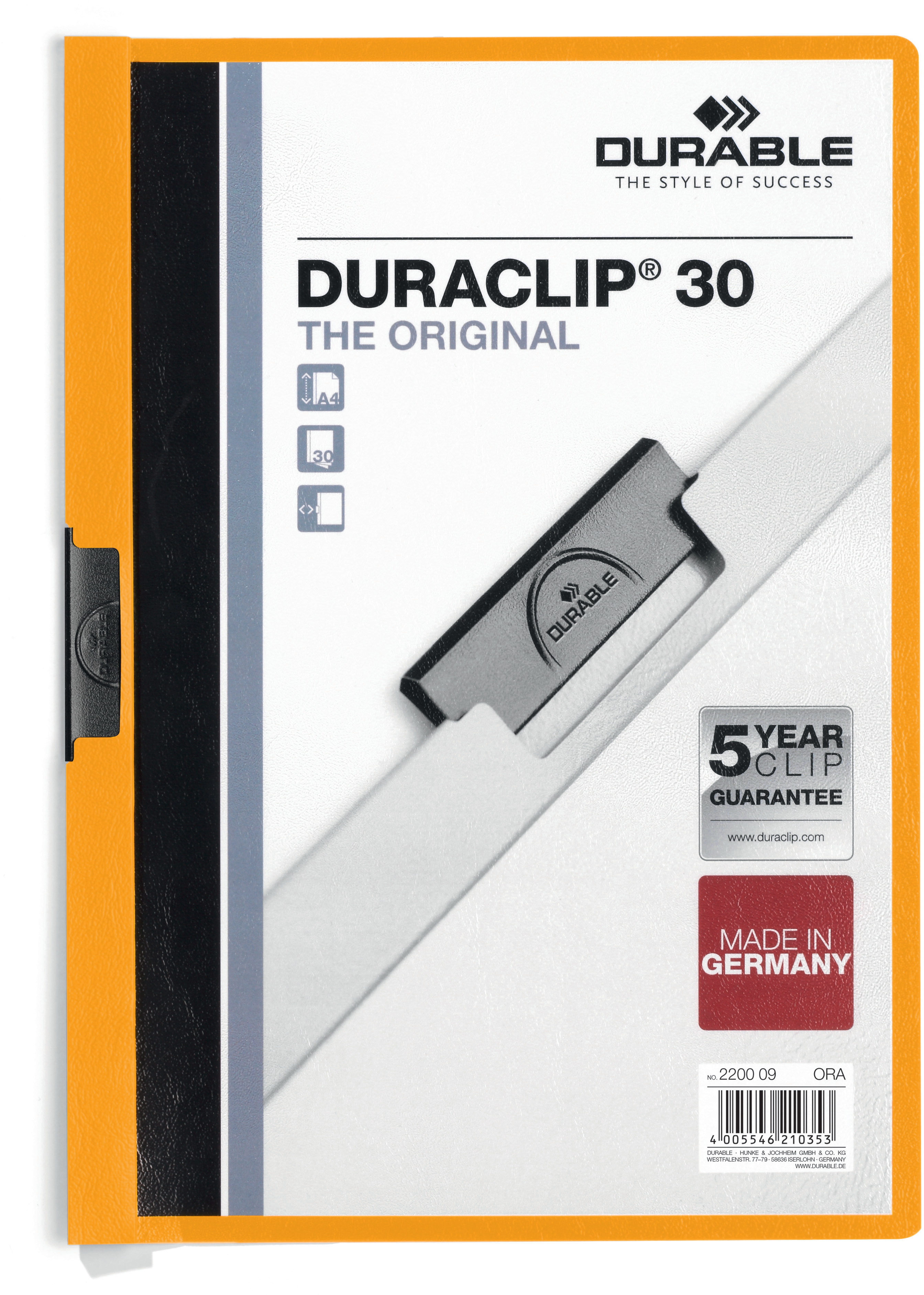 DURABLE Dossier à pince DURACLIP 30 220009 pour 30 feuilles A4 orange