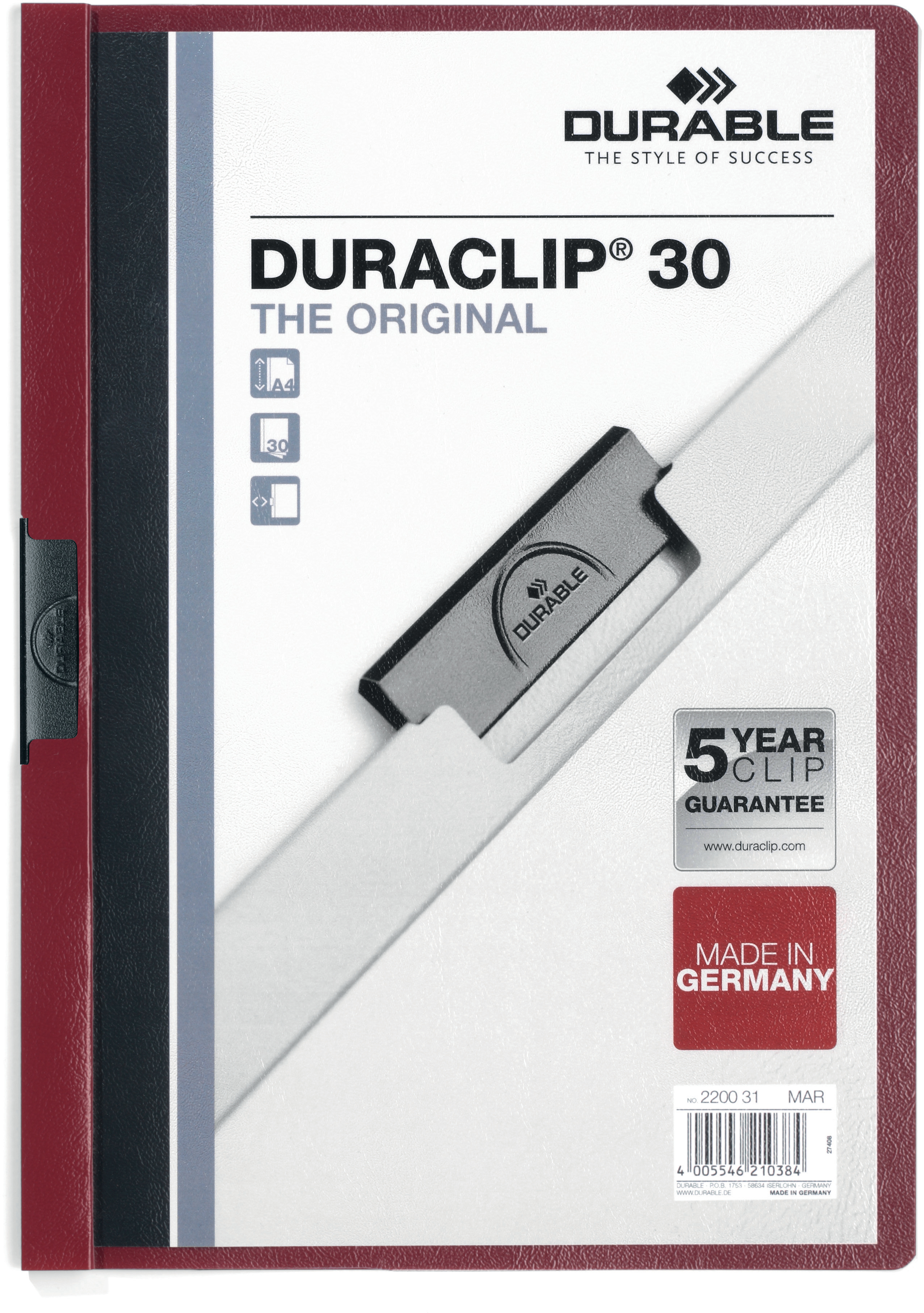 DURABLE Classeur à pince DURACLIP 30 220031 p. 30 feuilles A4 rouge foncé