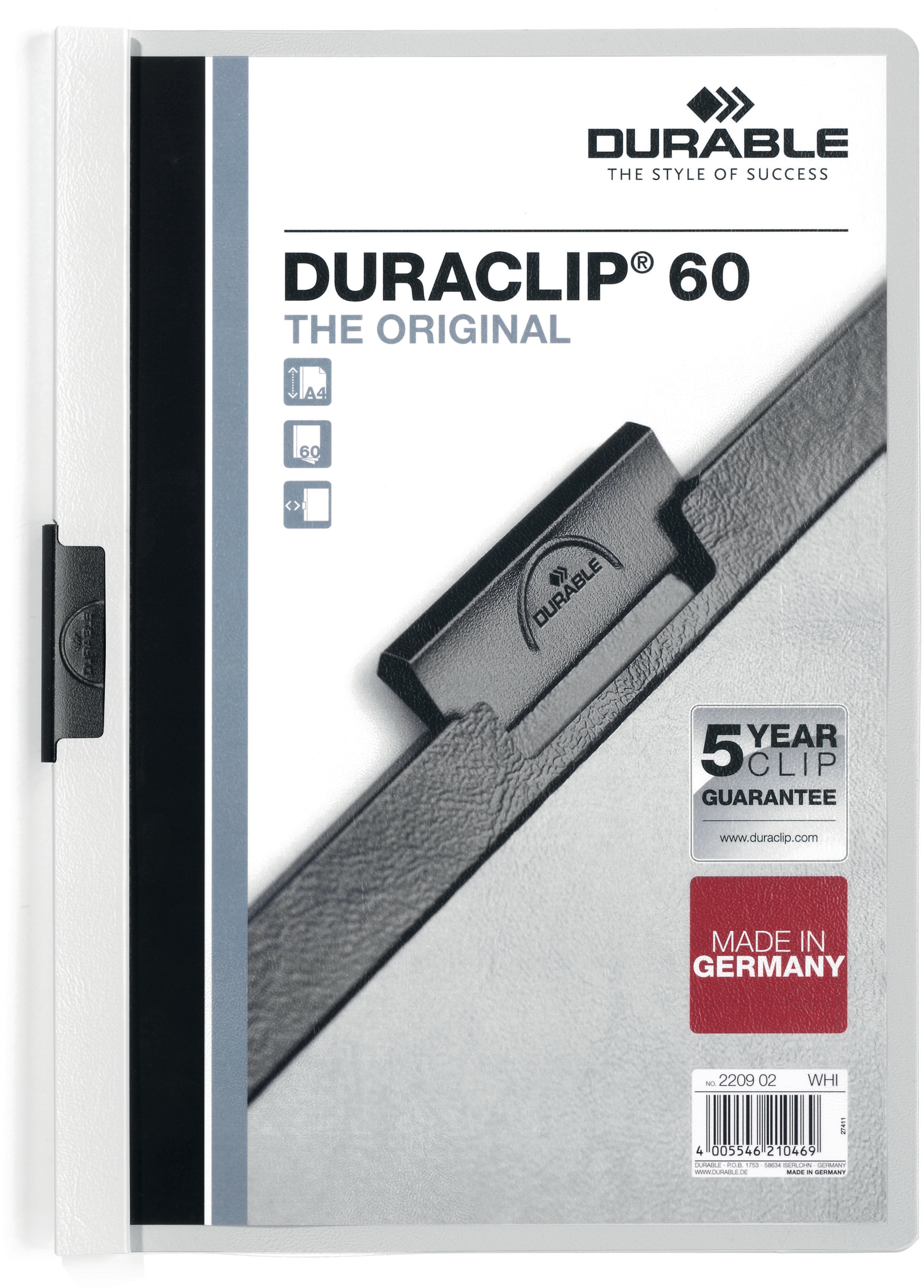 DURABLE Classeur à pince DURACLIP 60 220902 pour 60 feuilles A4 blanc