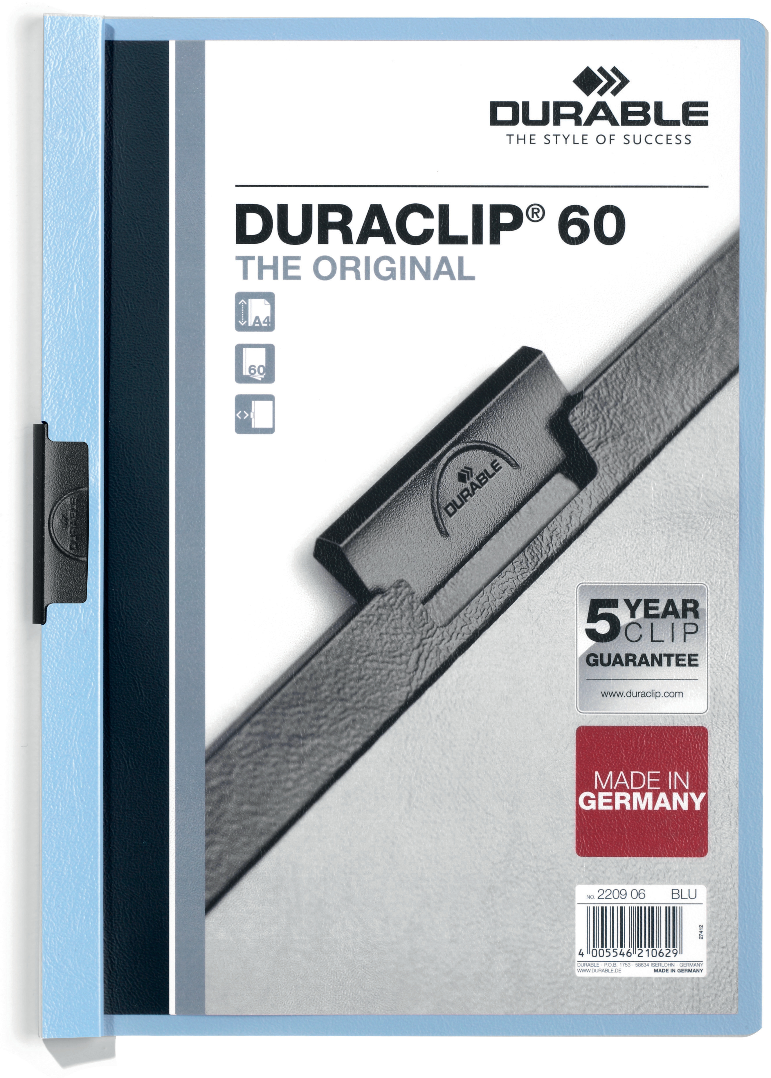 DURABLE Classeur à pince DURACLIP 60 220906 pour 60 feuilles A4 bleu