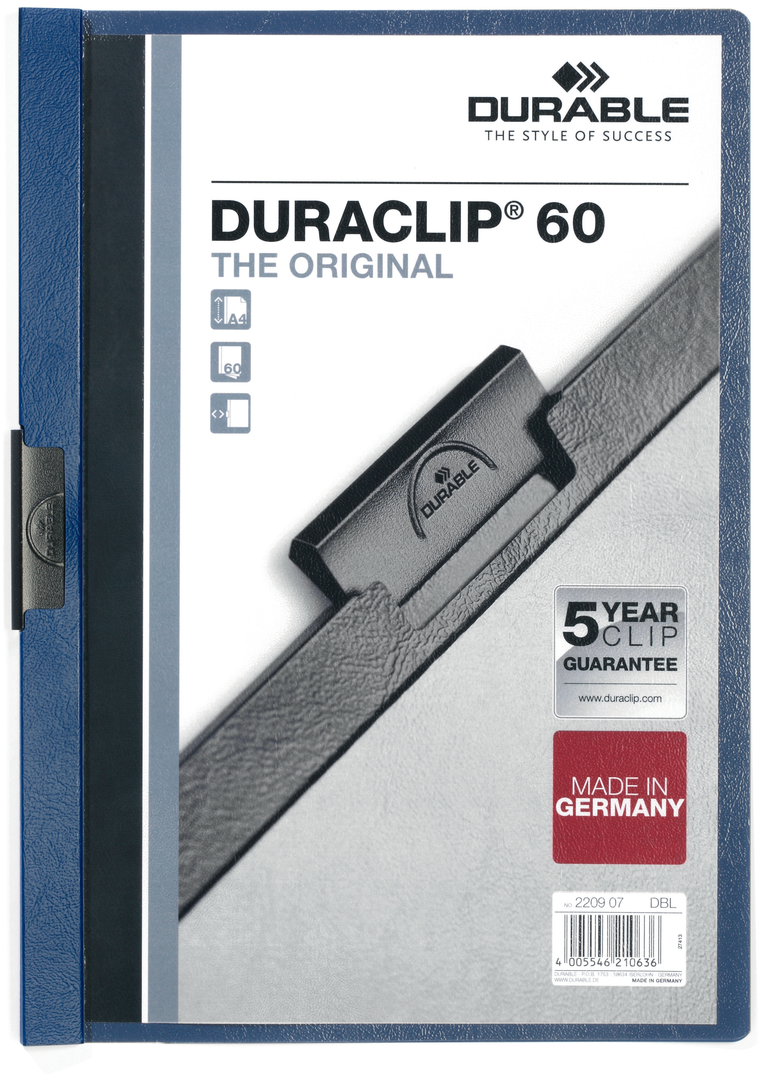 photo DURABLE Classeur à pince DURACLIP 60 220907 pour 60 feuilles A4 bleu foncé