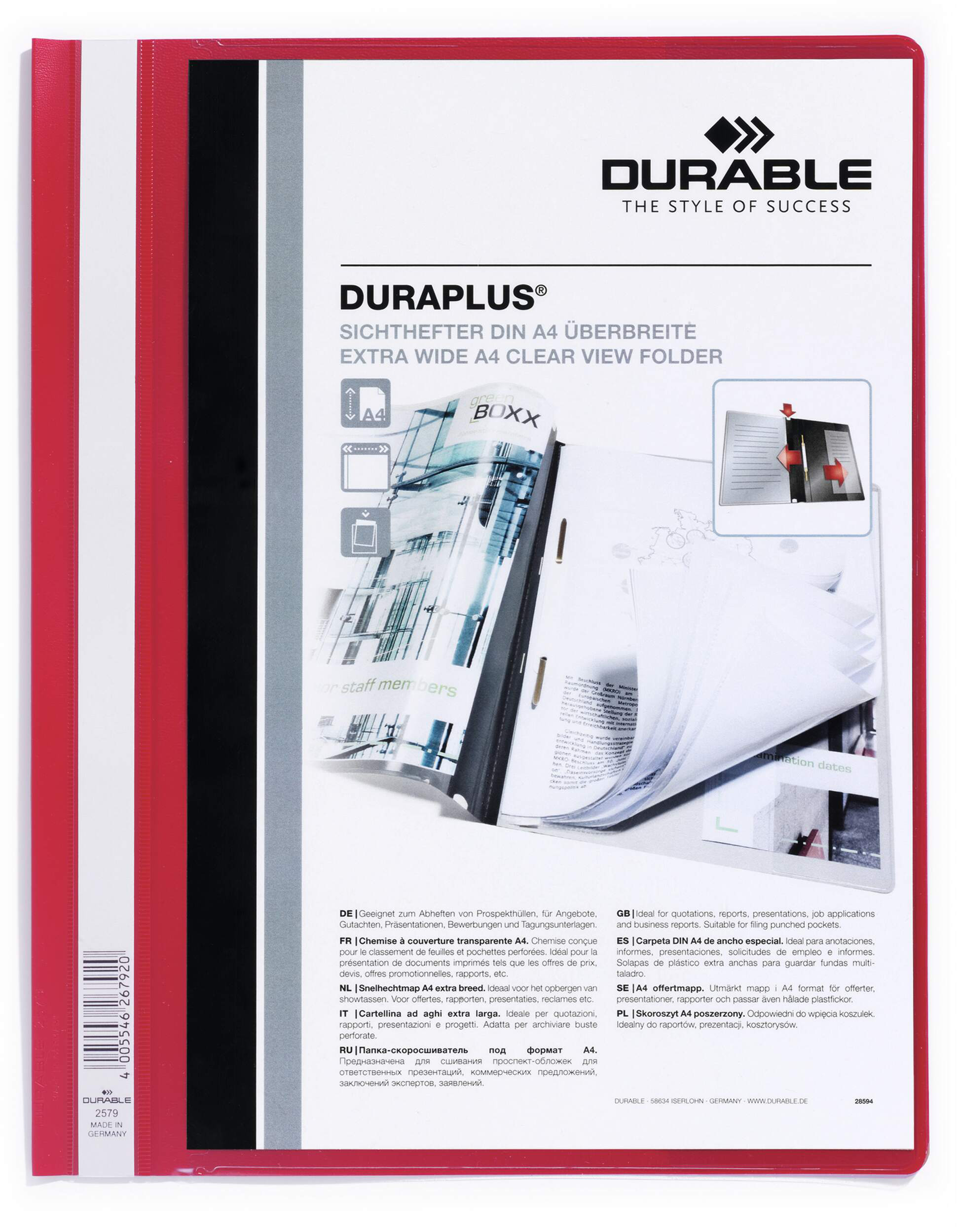 DURABLE Dossier de présentat. DURAPLUS 257903 pour 100 feuilles A4 rouge