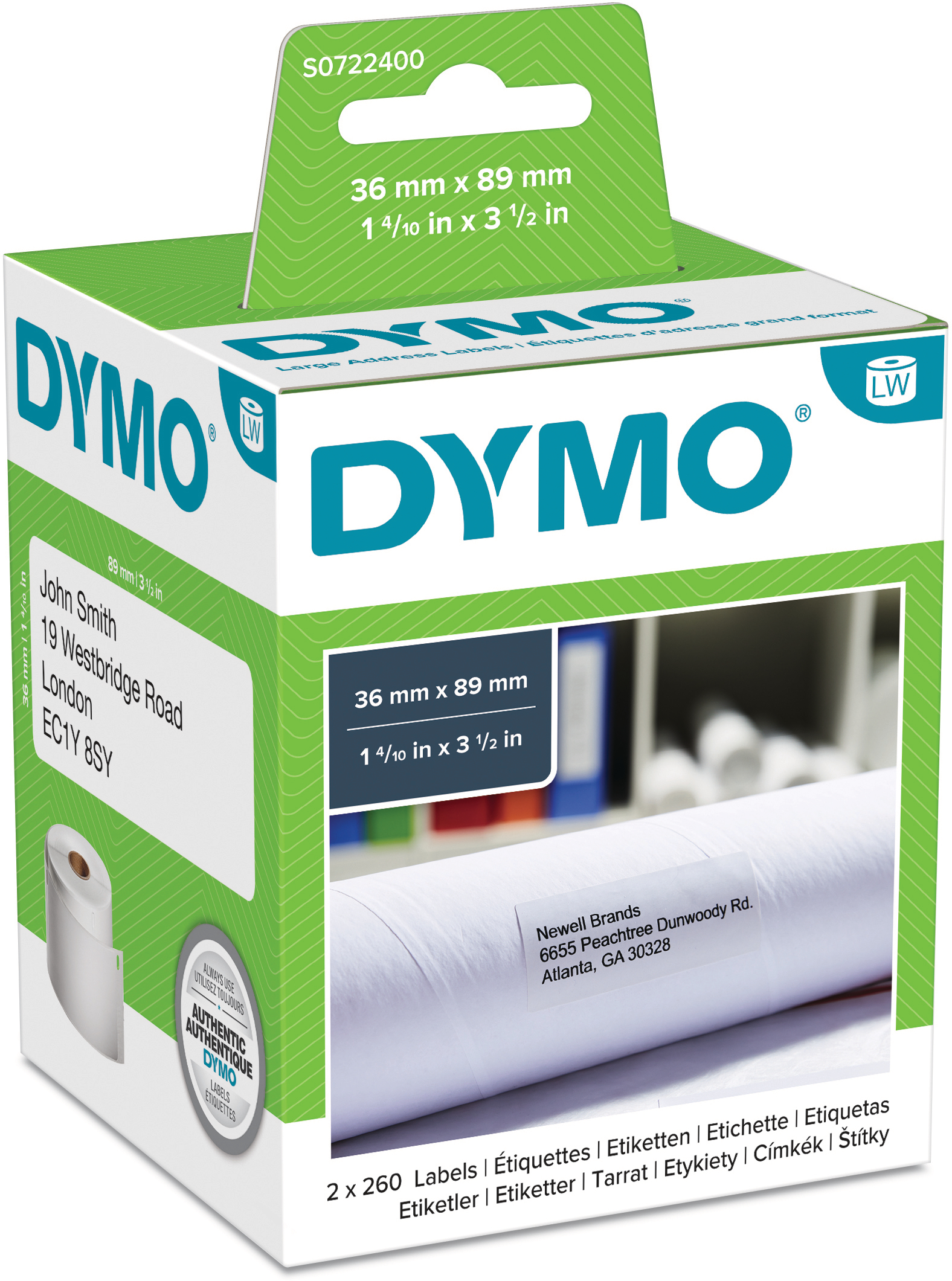 DYMO Etiquettes d'adresse S0722400 permanent 89x36mm