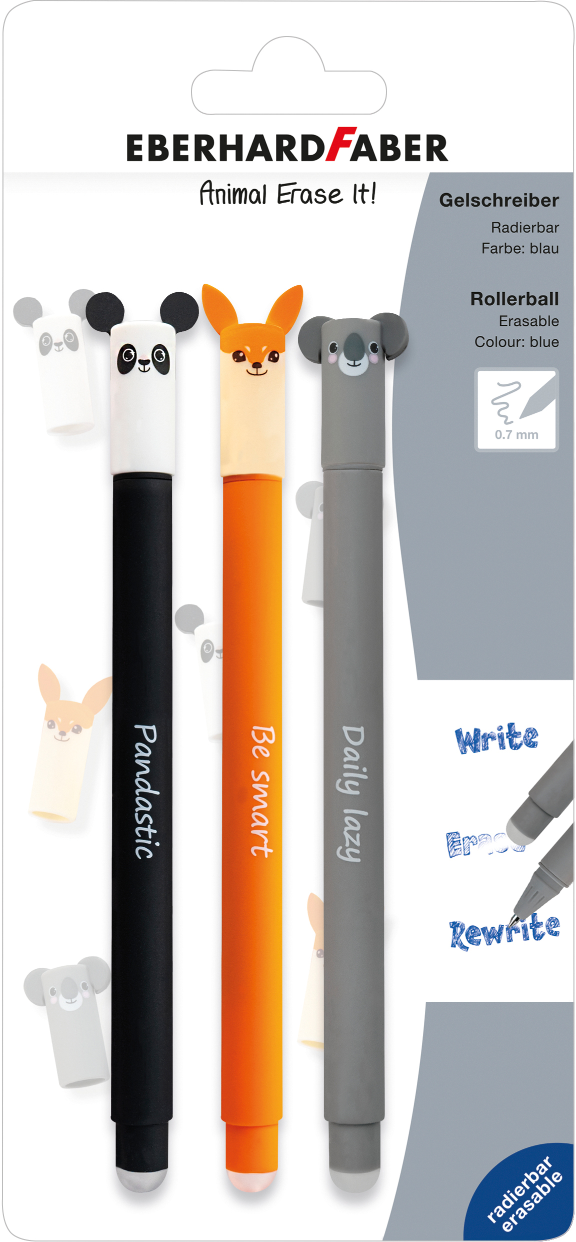 photo EBERHARD FABER Stylo gel Erase It 0.7mm 582123 Animal 3 pièces