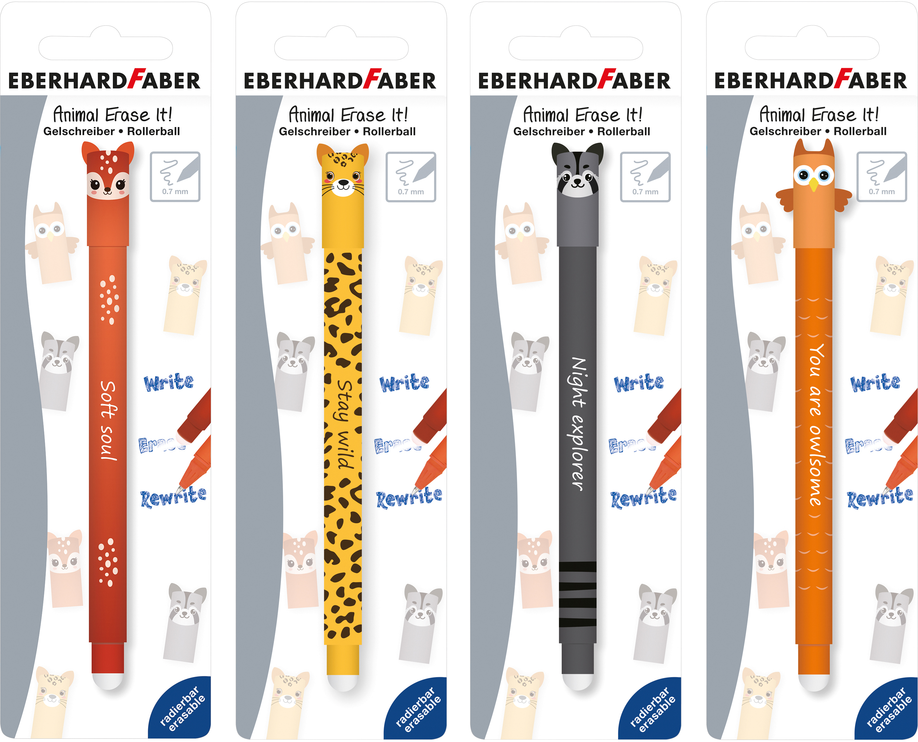 EBERHARD FABER Gelschreiber Erase It 0.7mm 582128 Animal Blister, ass.