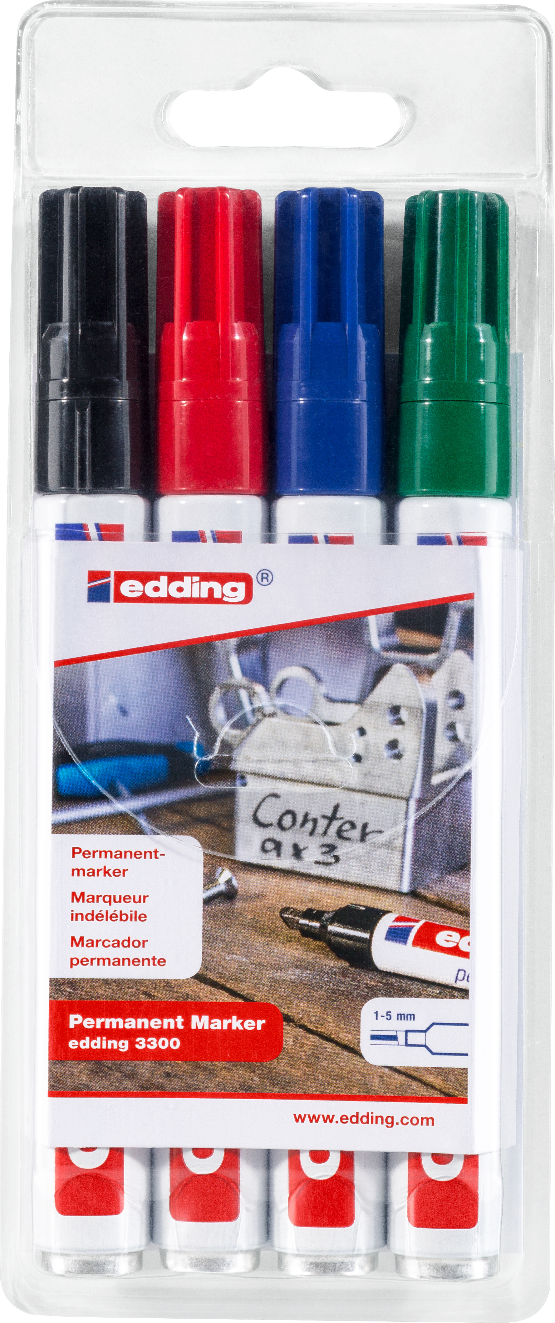 EDDING Permanent Marker 3300 1-5mm 3300-E4 noir,rouge,bleu,vert 4 pcs.