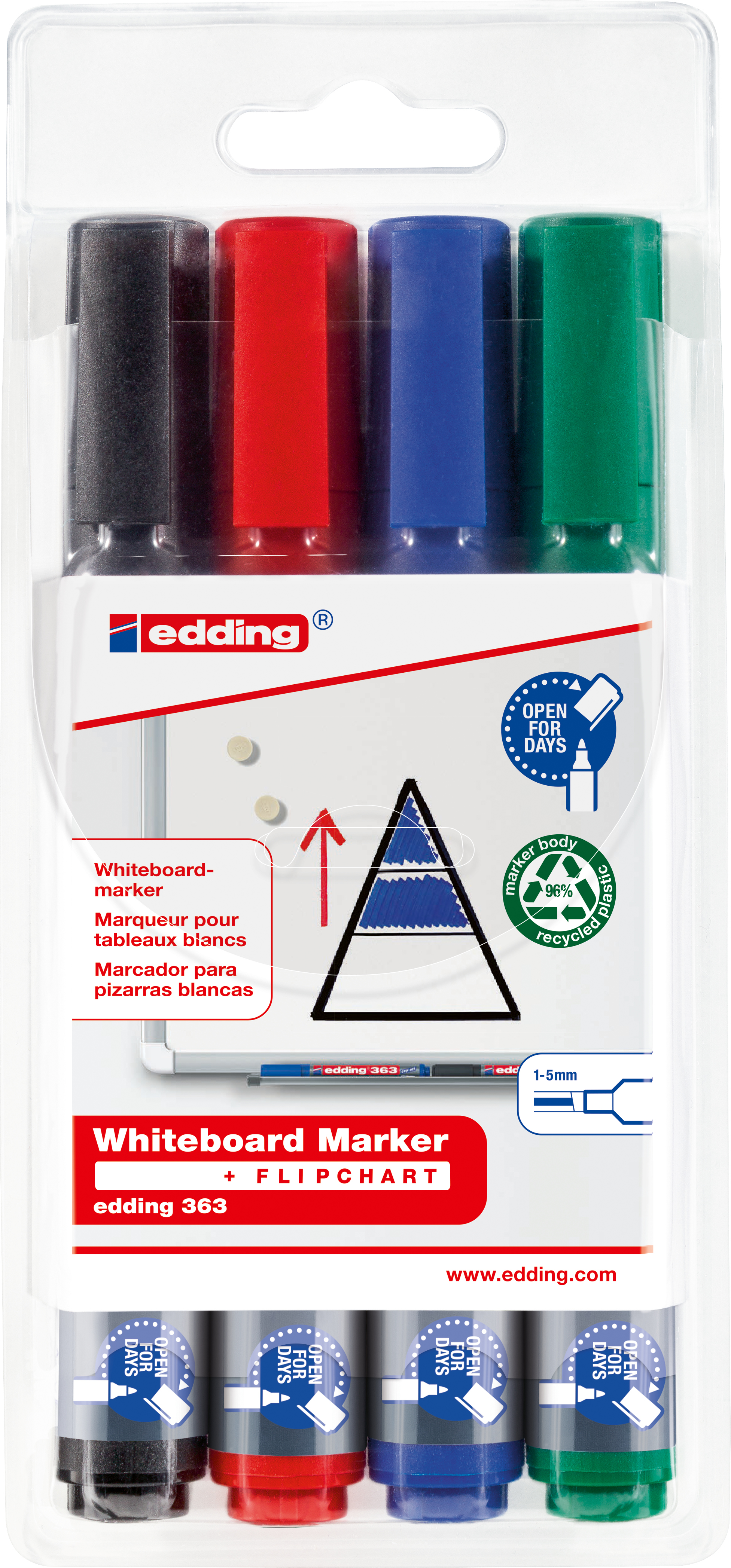 EDDING Boardmarker 363 1-5mm 363 E-4 4 couleurs, étui 4 couleurs, étui