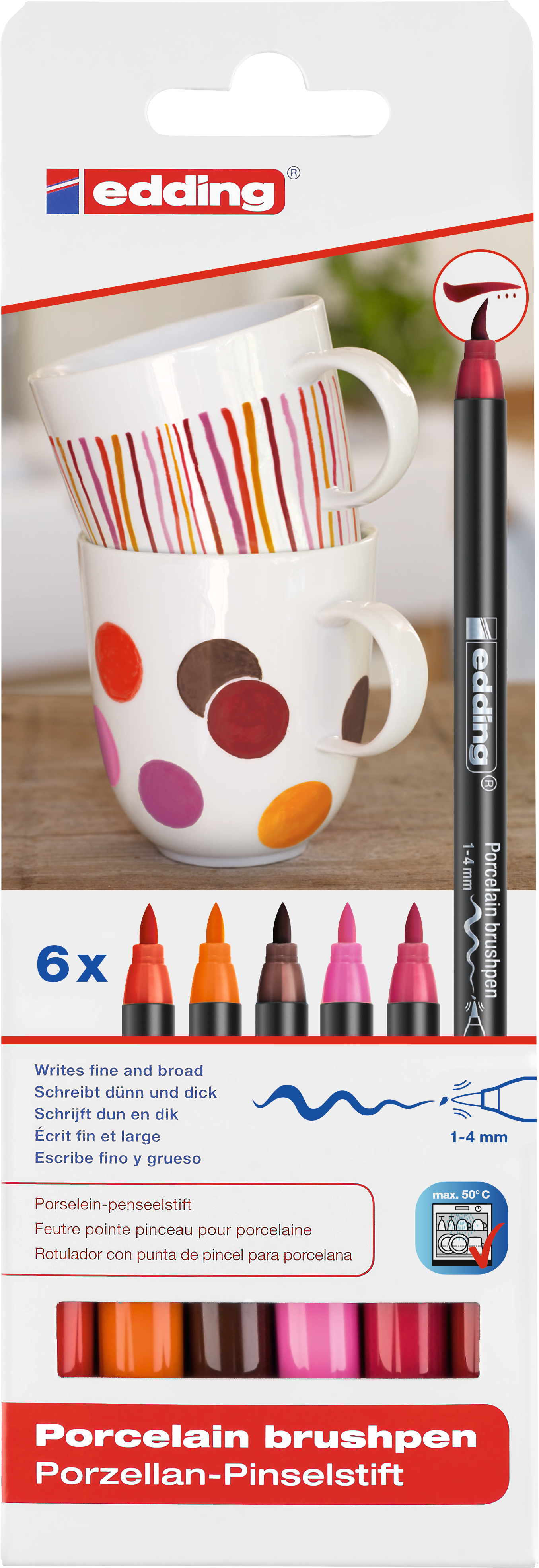 EDDING 4200 Porzellan-Pinselstift 1- 4mm, 6er Etui, rote Farbtöne<br>