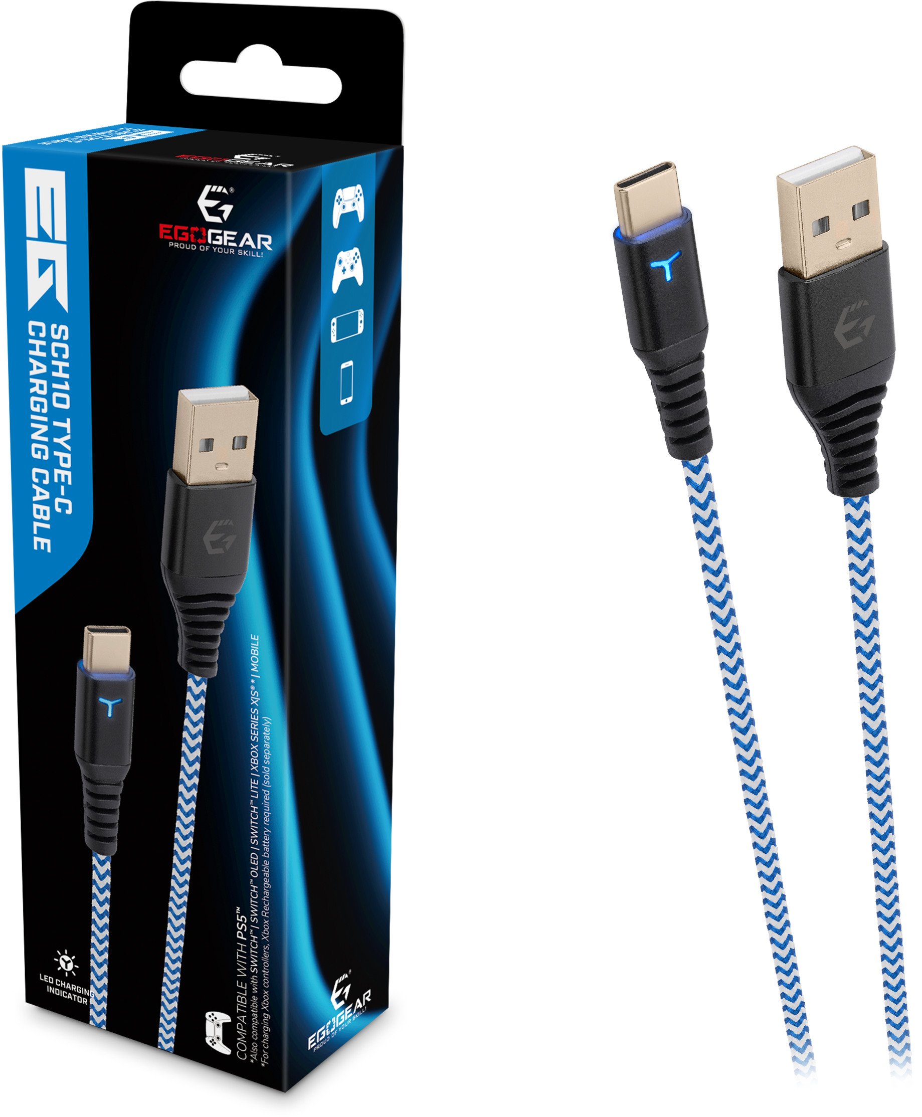 EGOGEAR Charging Cable Type-C 3m SCH10-P5-WH braided, PS5, White,Blue