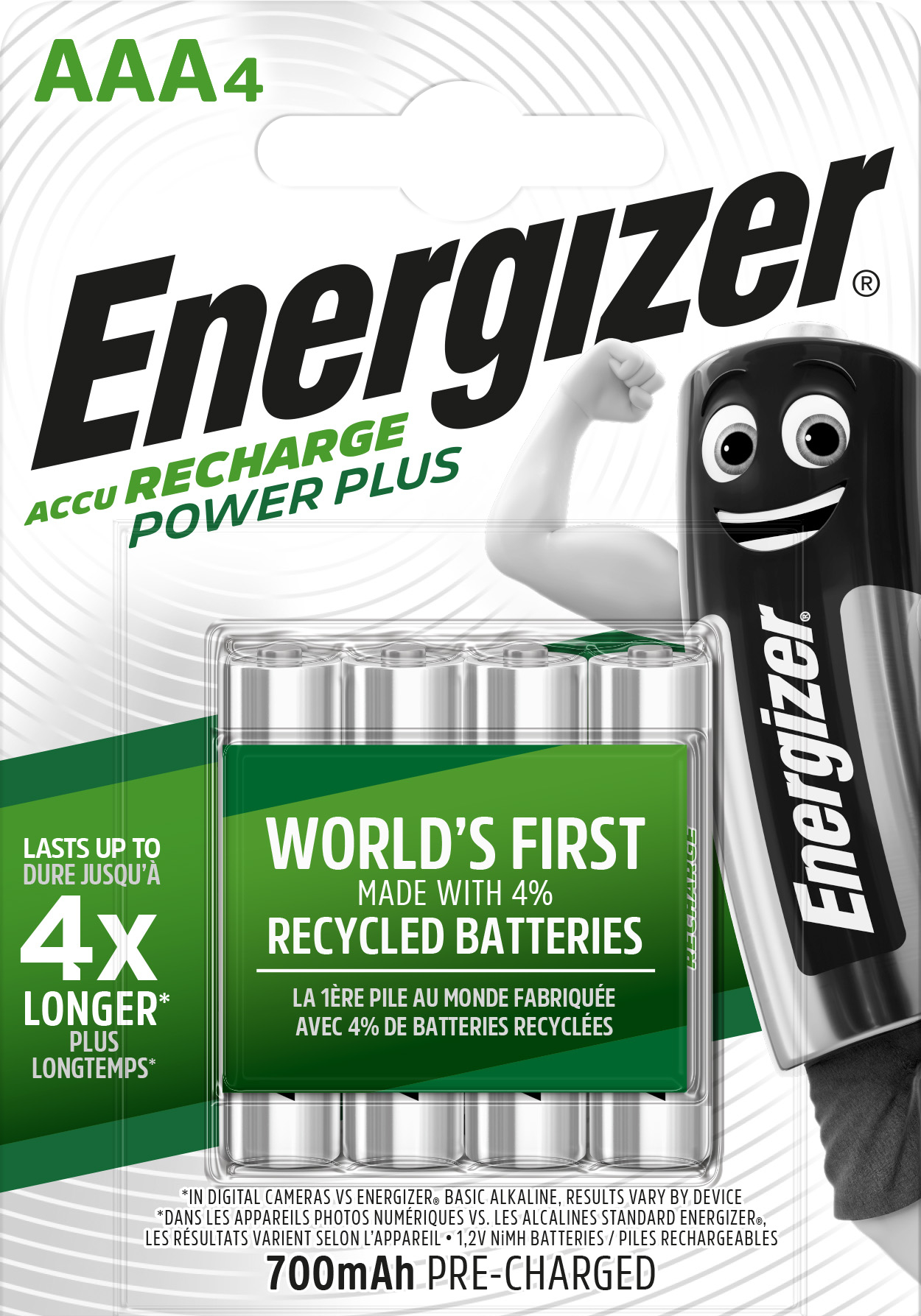 ENERGIZER Pile Chargeur E300626602 AAA/HR03, 700mAh, 4 pièces AAA/HR03, 700mAh, 4 pièces