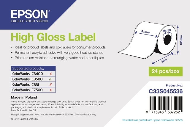 EPSON High Gloss Label 51mmx33m C33S045536 ColorWorks C3500