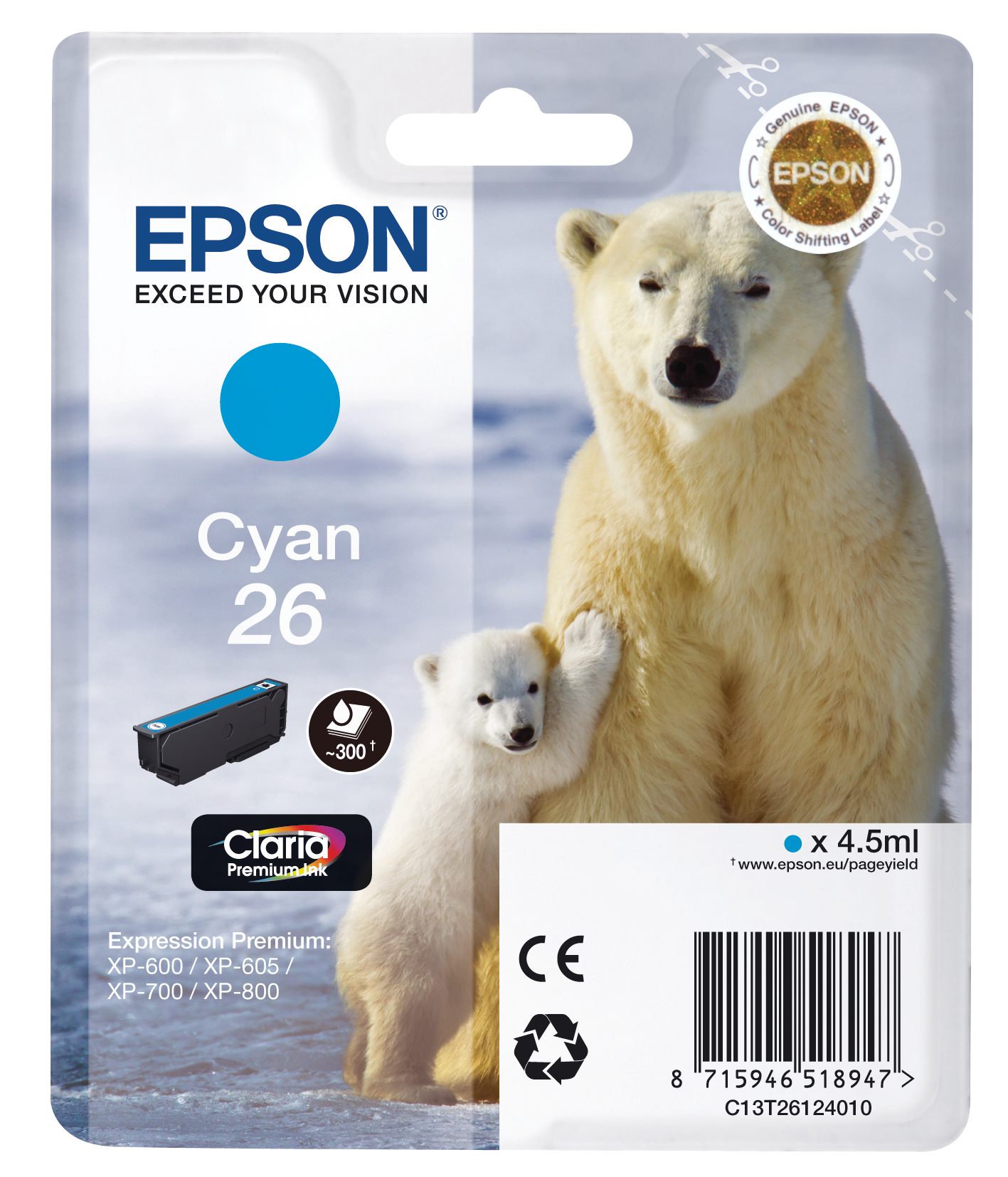 photo EPSON Cartouche d'encre cyan T261240 XP 700/800 300 pages