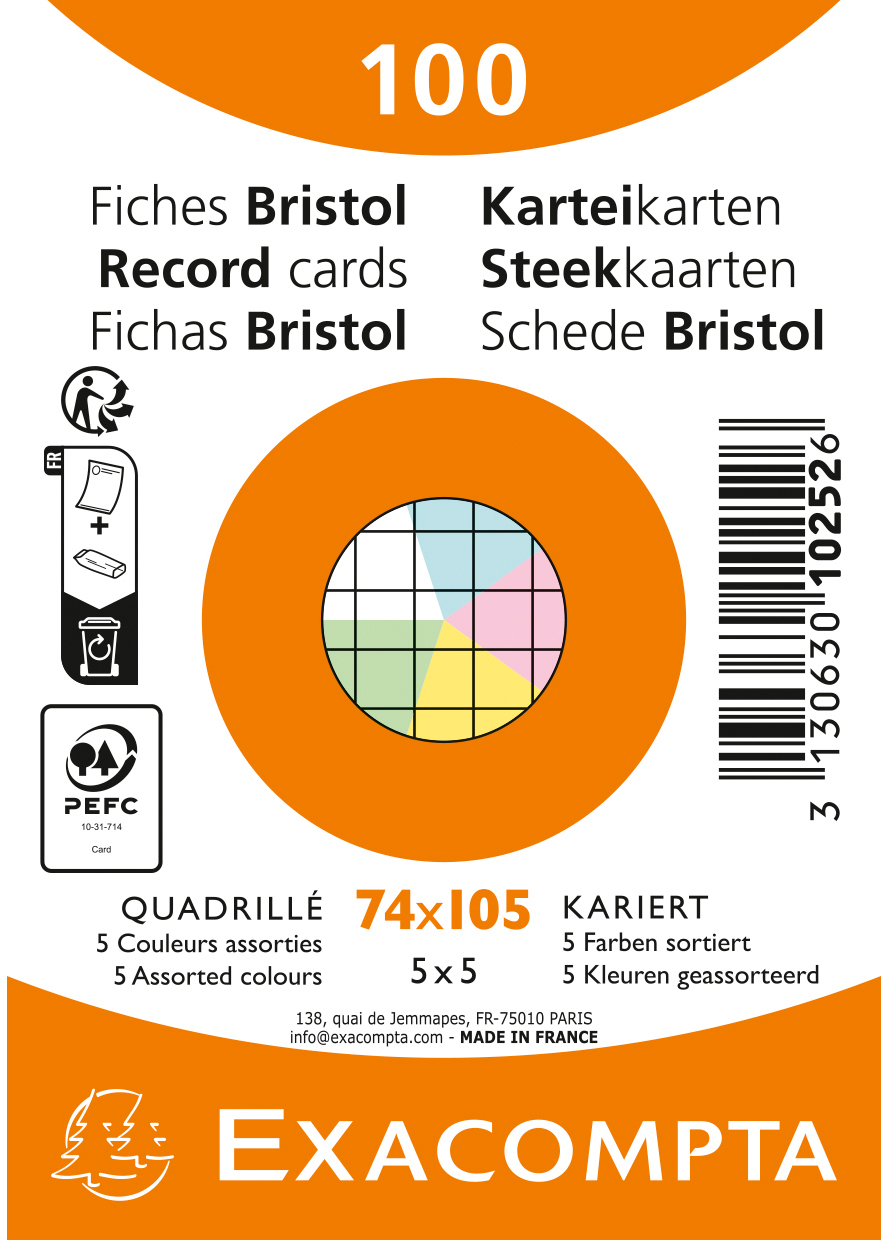 photo EXACOMPTA Cartes-fiches quadrill. A7 10252E couleurs assorties 100 pièces