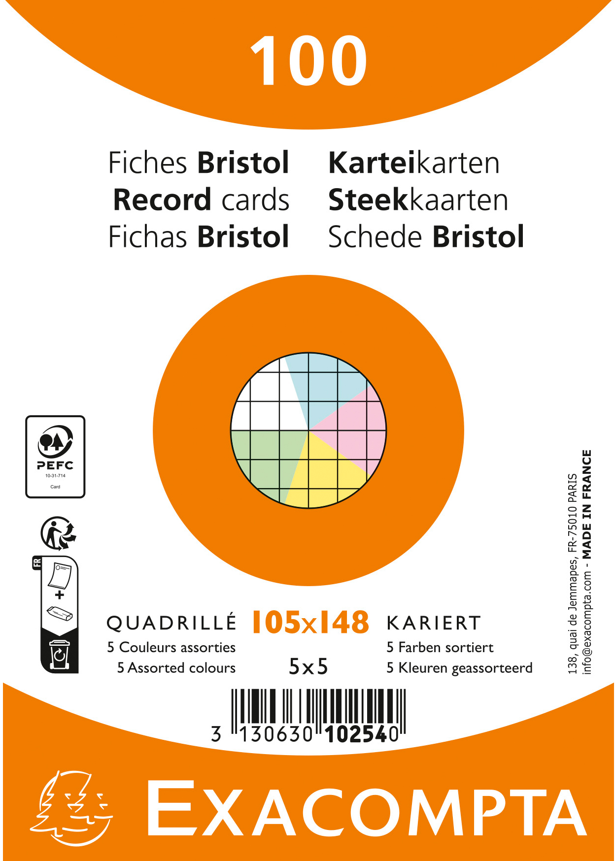 photo EXACOMPTA Cartes-fiches quadrill. A6 10254E couleurs assorties 100 pièces