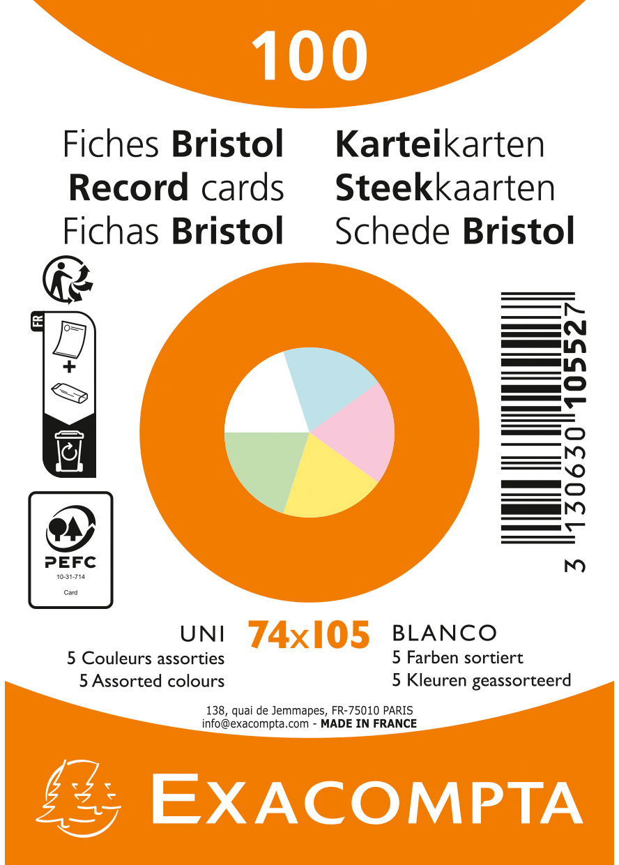 photo EXACOMPTA Cartes-fiches blanco A7 10552E couleurs assorties 100 pièces