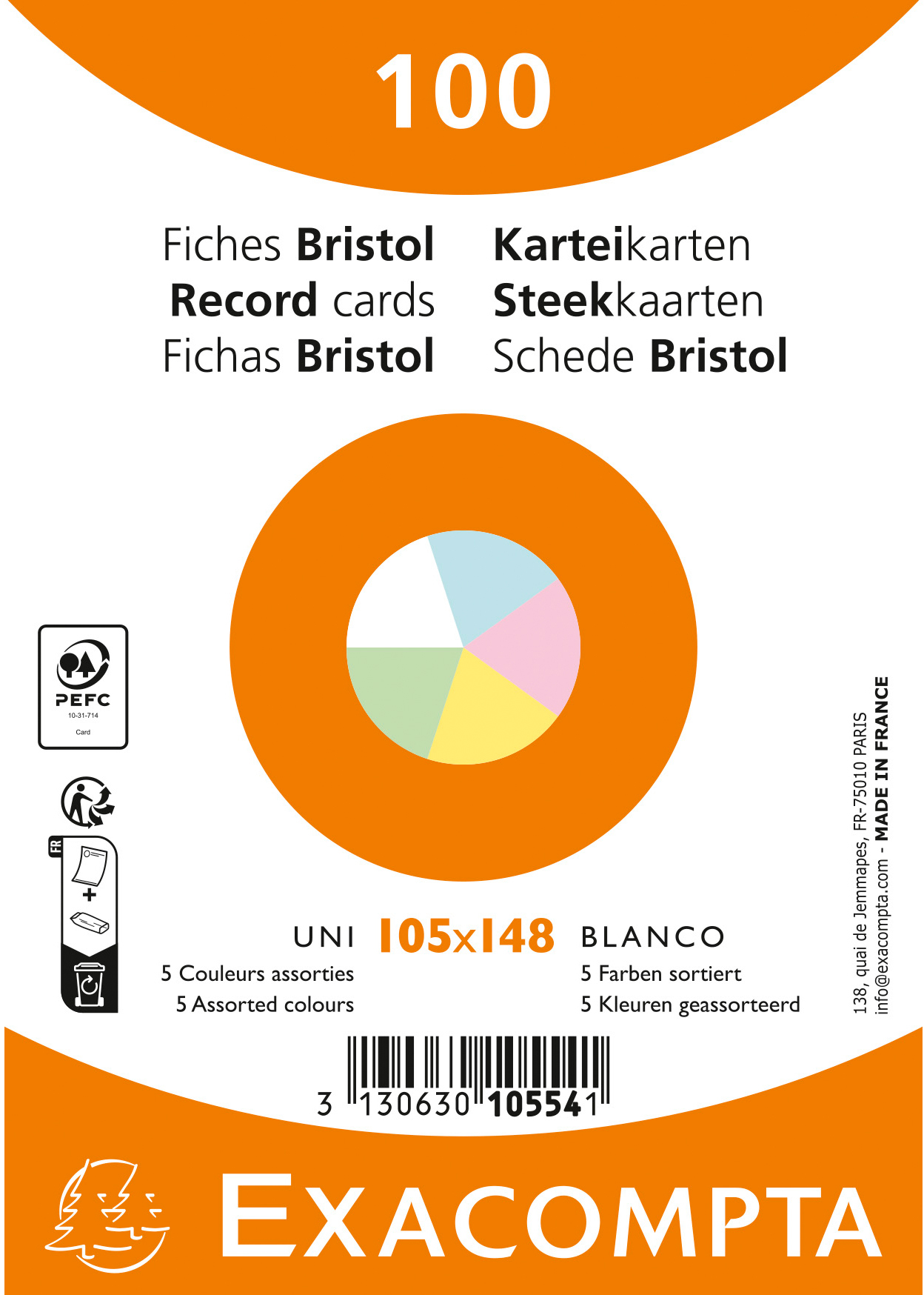 photo EXACOMPTA Cartes-fiches blanco A6 10554E couleurs assorties 100 pièces