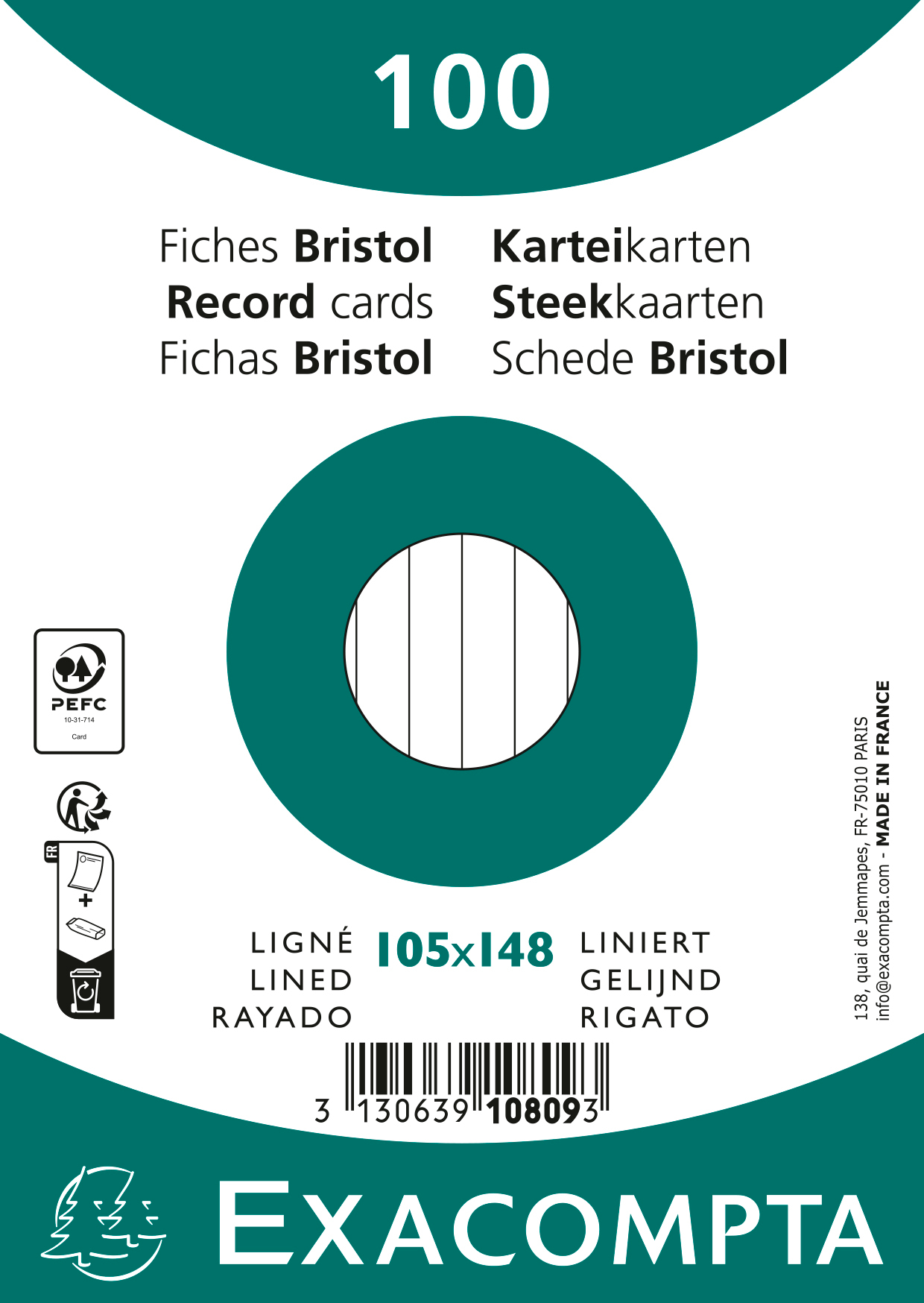 photo EXACOMPTA Fiches lignées A6 10809SE blanc 100 pcs.