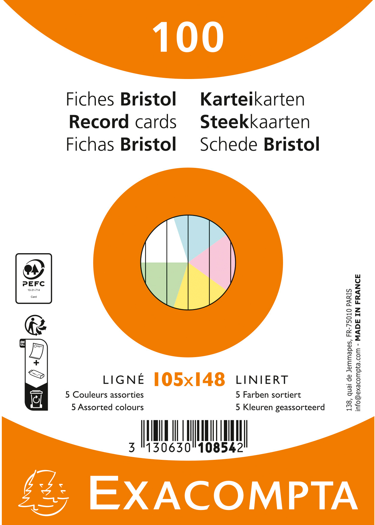 photo EXACOMPTA Cartes-fiches ligné A6 10854E couleurs assorties 100 pièces