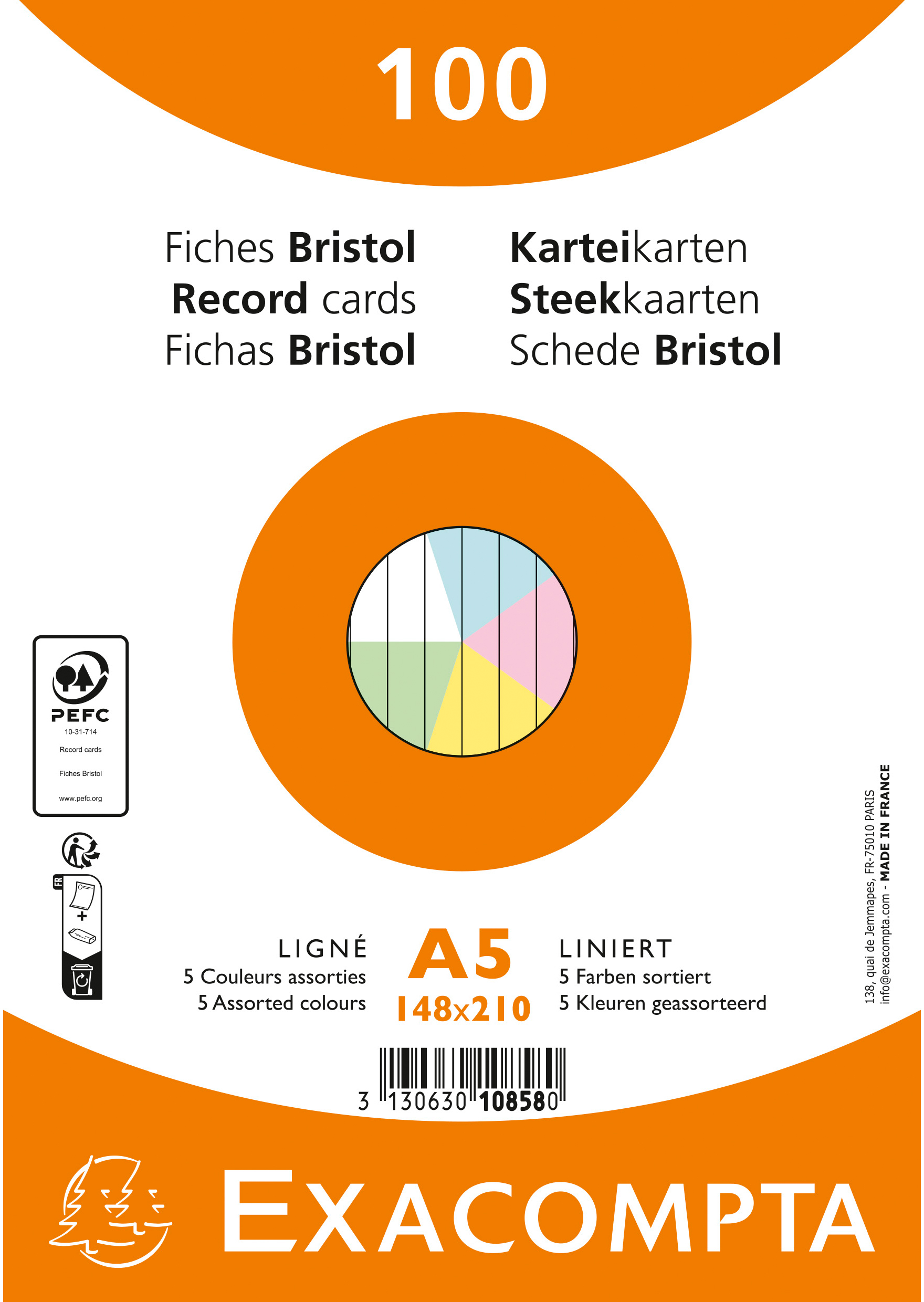photo EXACOMPTA Cartes-fiches ligné A5 10858E couleurs assorties 100 pièces