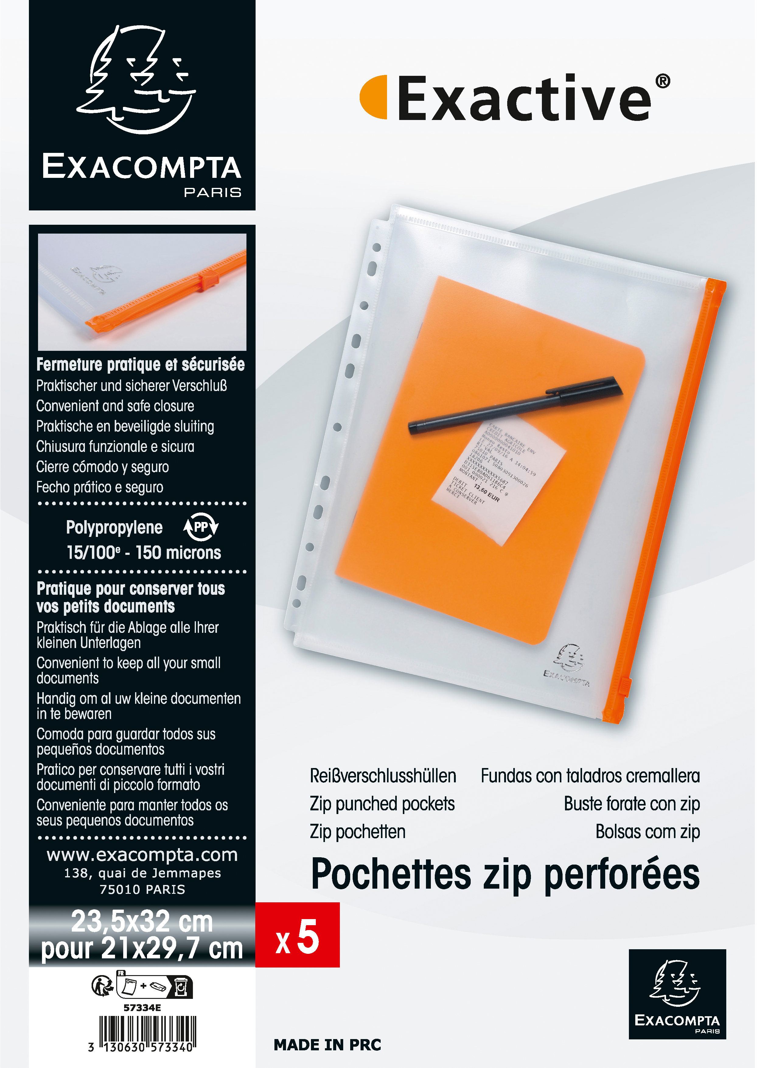 EXACOMPTA Pochette à prosp. avec zip A4 57334E 5 piéces, transparent 5 piéces, transparent