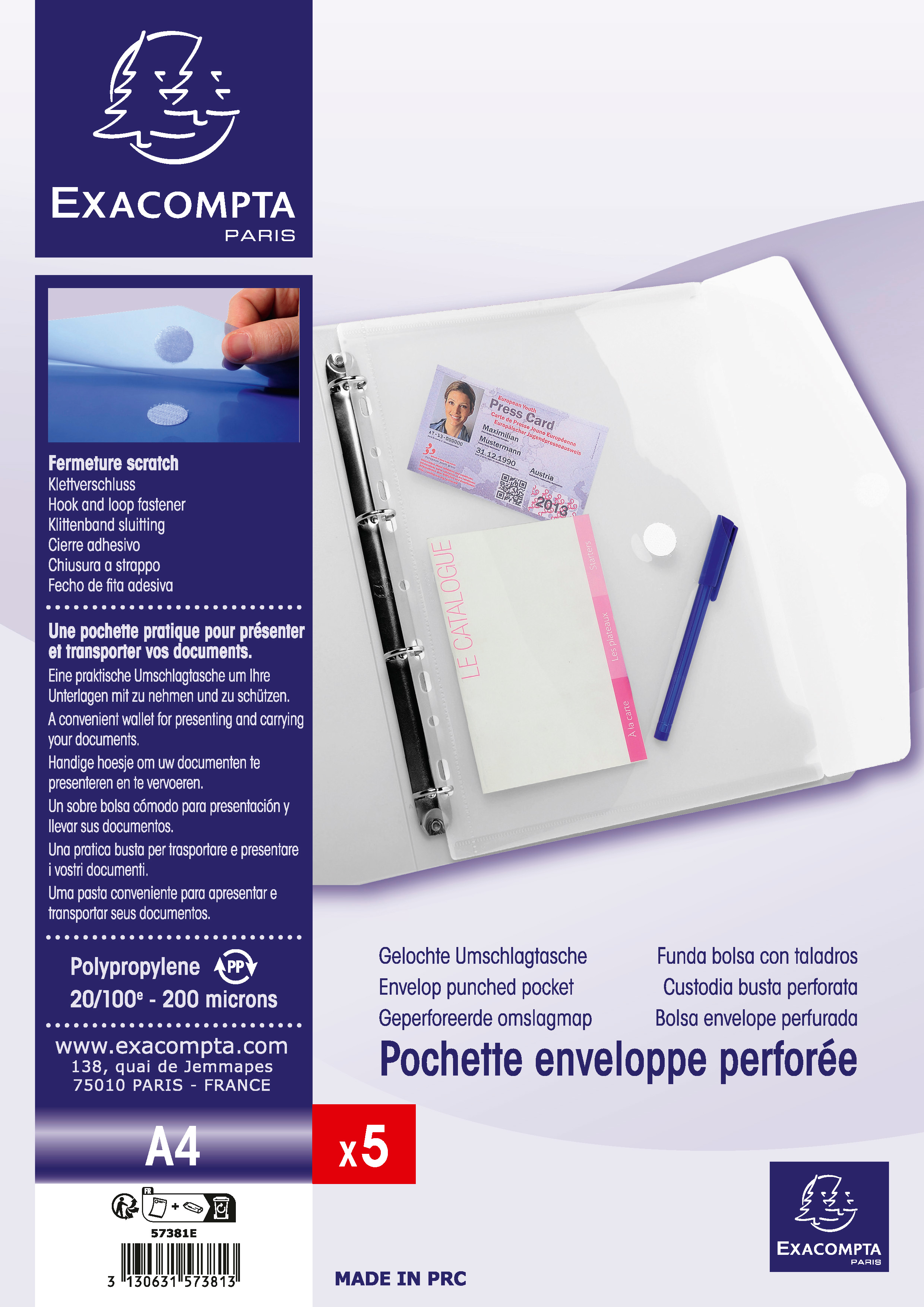 EXACOMPTA Porte-documents A4 57381E PP, perforé, 200my