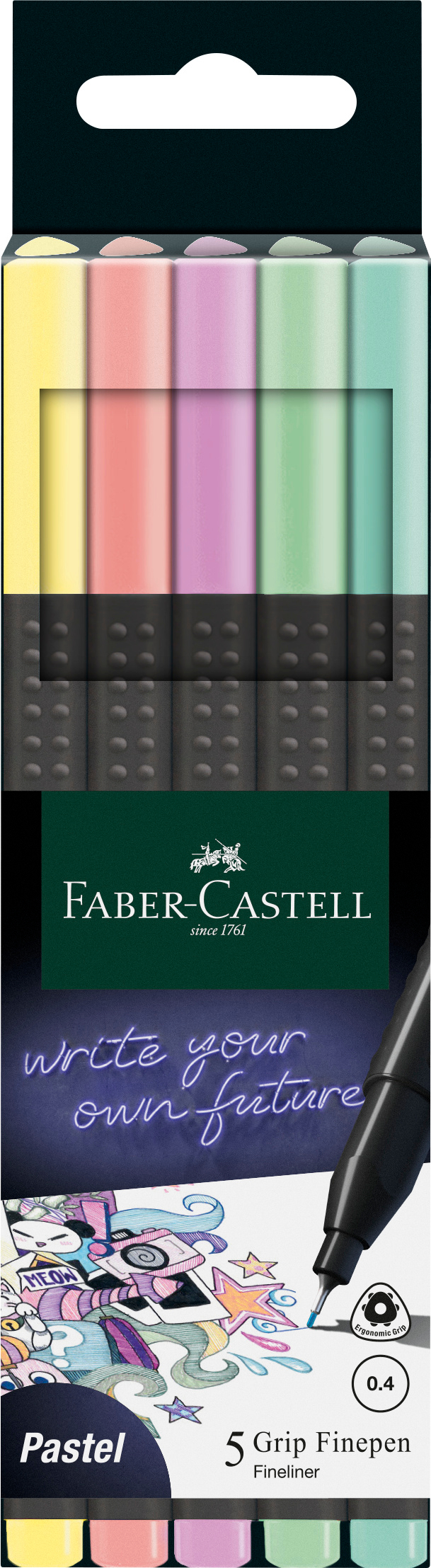 FABER-CASTELL Finepen Grip 0.4mm 151602 5 couleurs, pastel